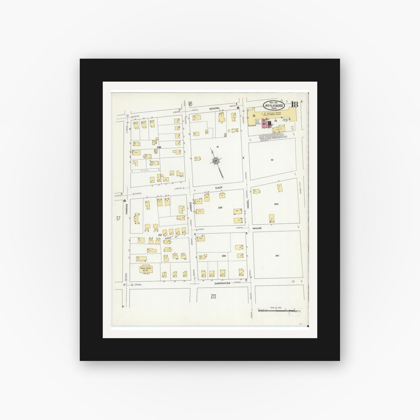 Old map wall art mockup — black gallery frame with white mat — Sanborn Fire Insurance Map from Attleboro, Bristol County, Massachusetts (1911), Sheet #0018