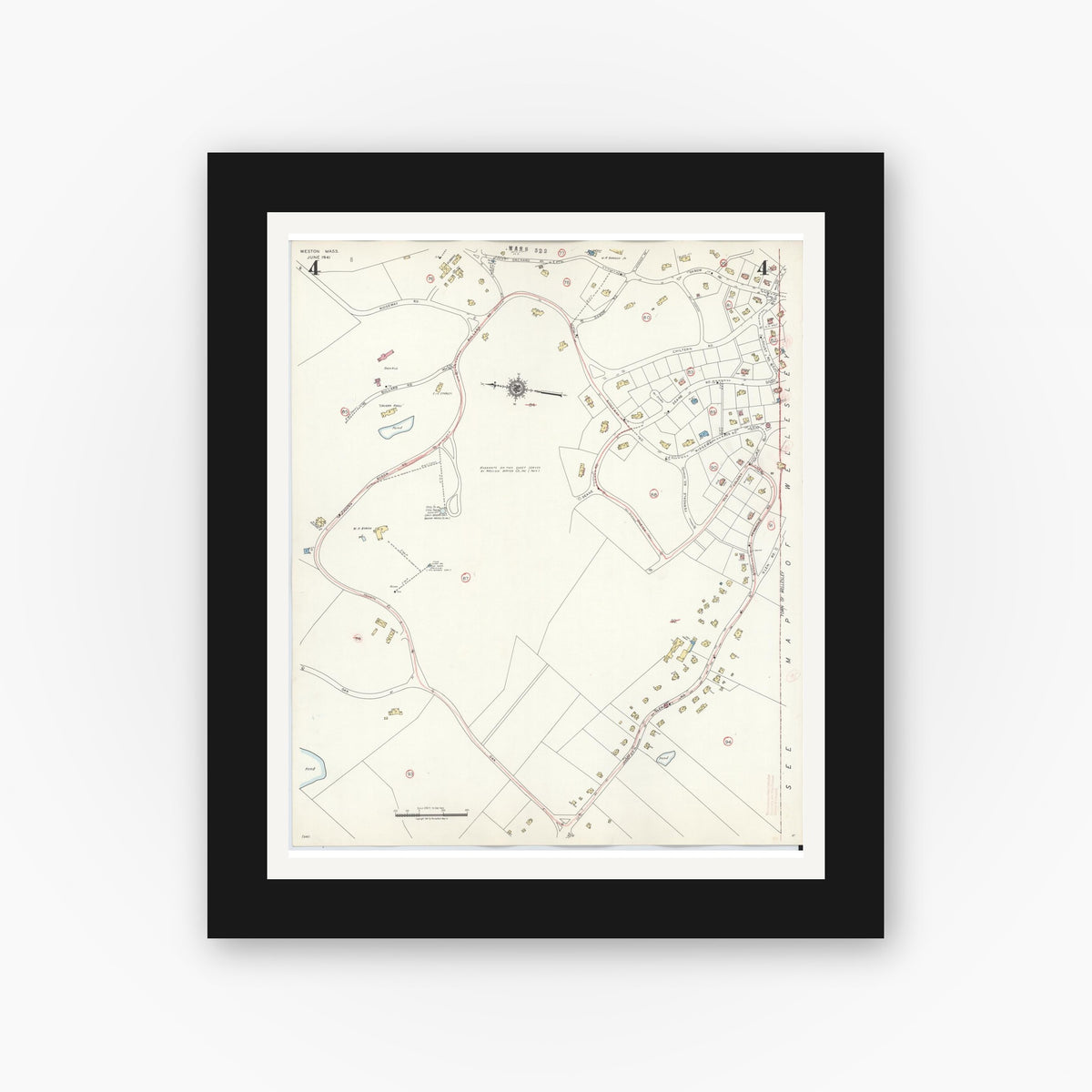 Old map wall art mockup — black gallery frame with white mat — Sanborn Fire Insurance Map from Weston, Middlesex County, Massachusetts (1941), Sheet #0004