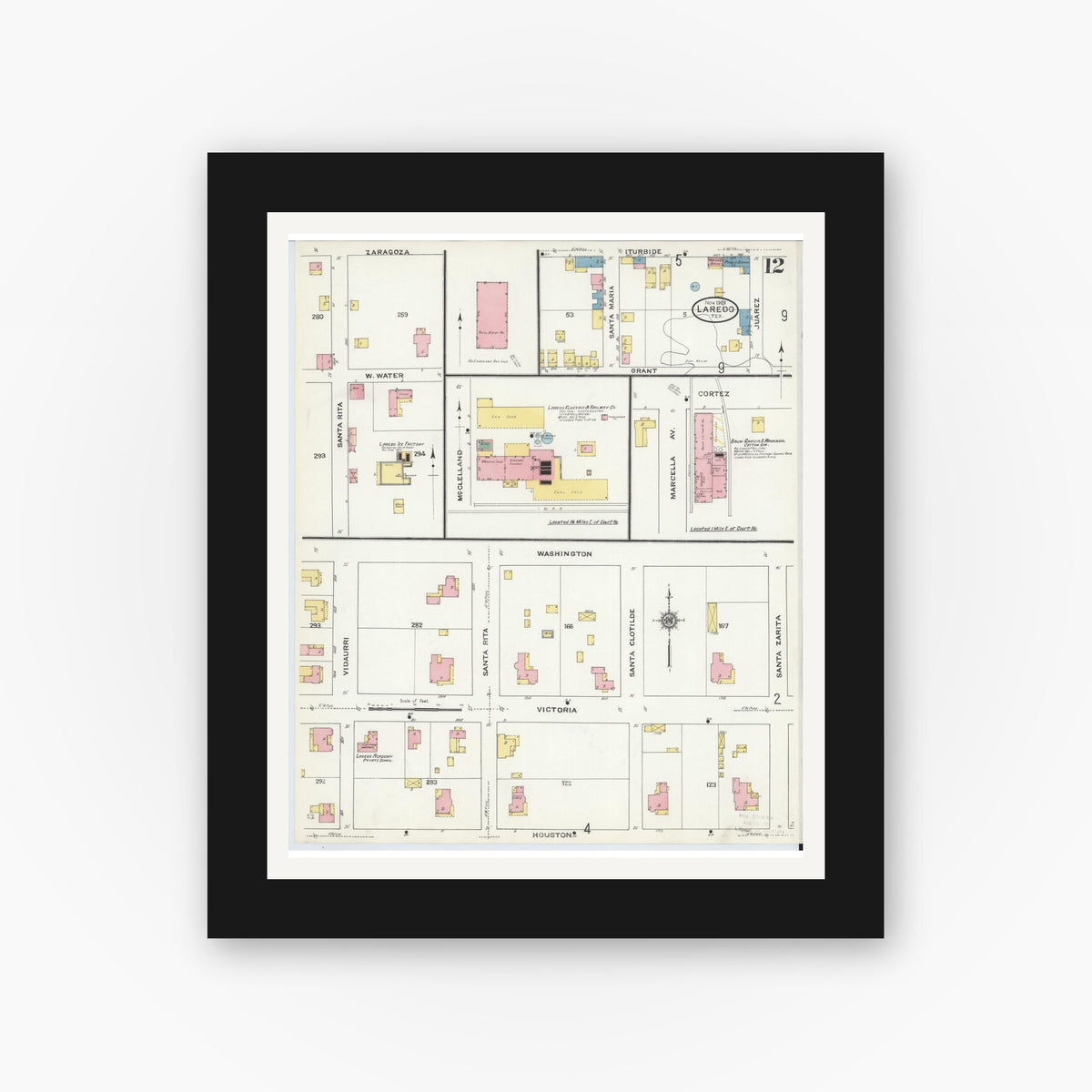 Old map wall art mockup — black gallery frame with white mat — Sanborn Fire Insurance Map from Laredo, Webb County, Texas (1909), Sheet #0012