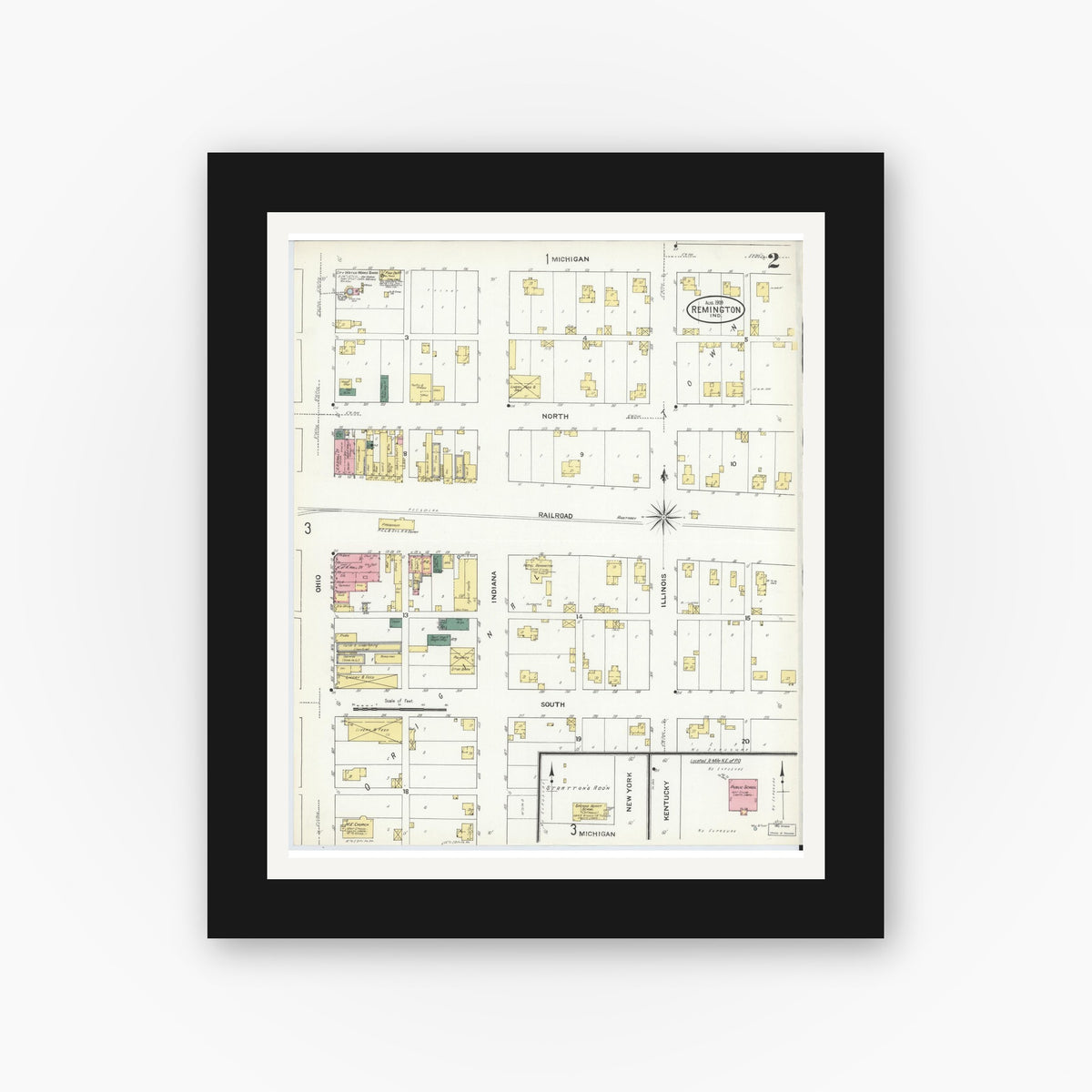 Old map wall art mockup — black gallery frame with white mat — Sanborn Fire Insurance Map from Remington, Jasper County, Indiana (1909), Sheet #0002