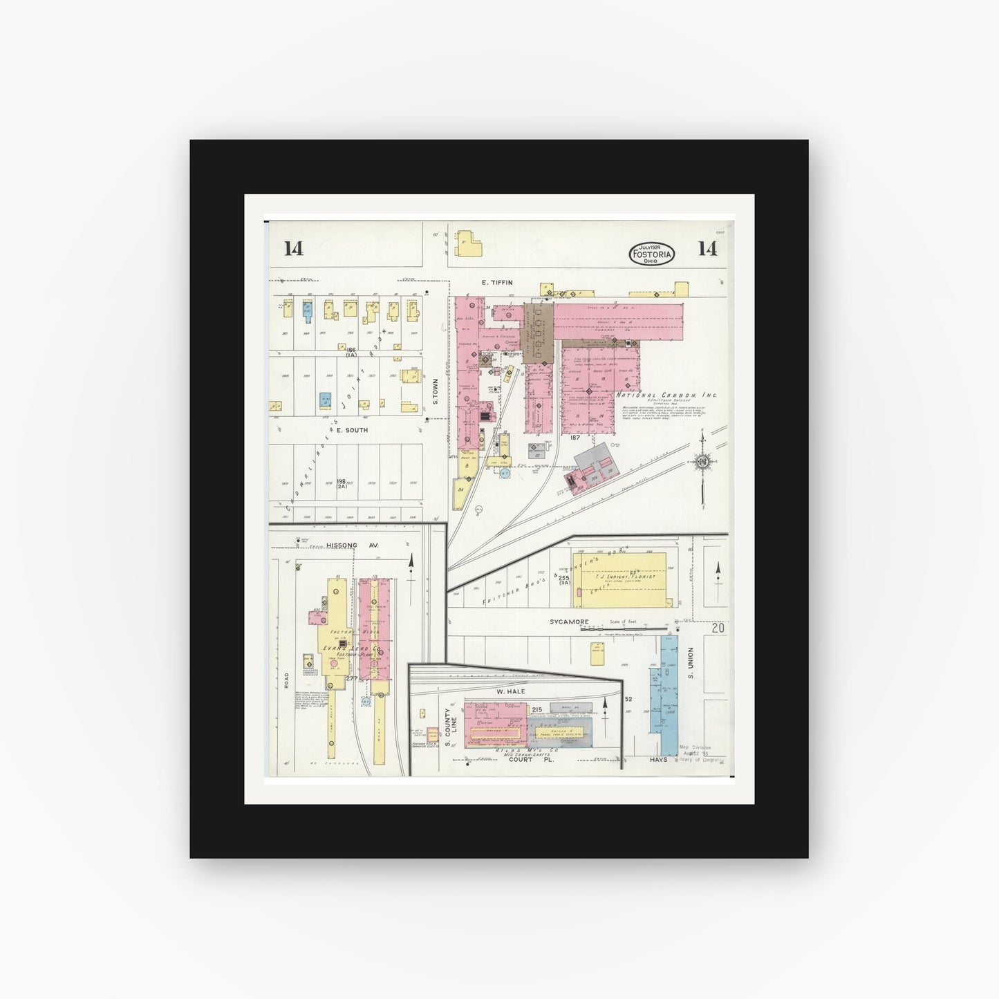 Old map wall art mockup — black gallery frame with white mat — Sanborn Fire Insurance Map from Fostoria, Seneca, Hancock, And Wood Counties, Ohio (1924), Sheet #0014