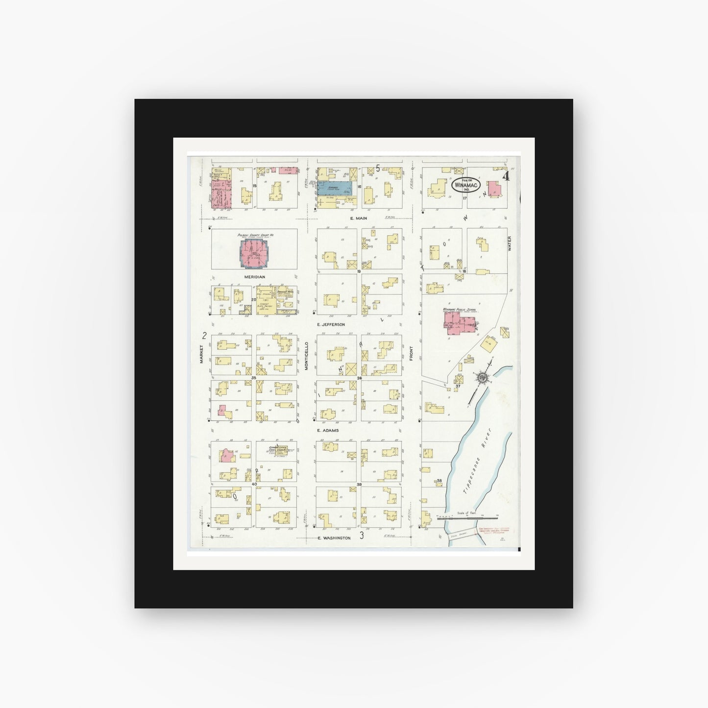 Old map wall art mockup — black gallery frame with white mat — Sanborn Fire Insurance Map from Winamac, Pulaski County, Indiana (1911), Sheet #0004