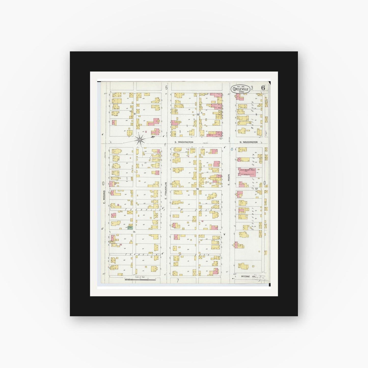 Old map wall art mockup — black gallery frame with white mat — Sanborn Fire Insurance Map from Circleville, Pickaway County, Ohio (1899), Sheet #0006