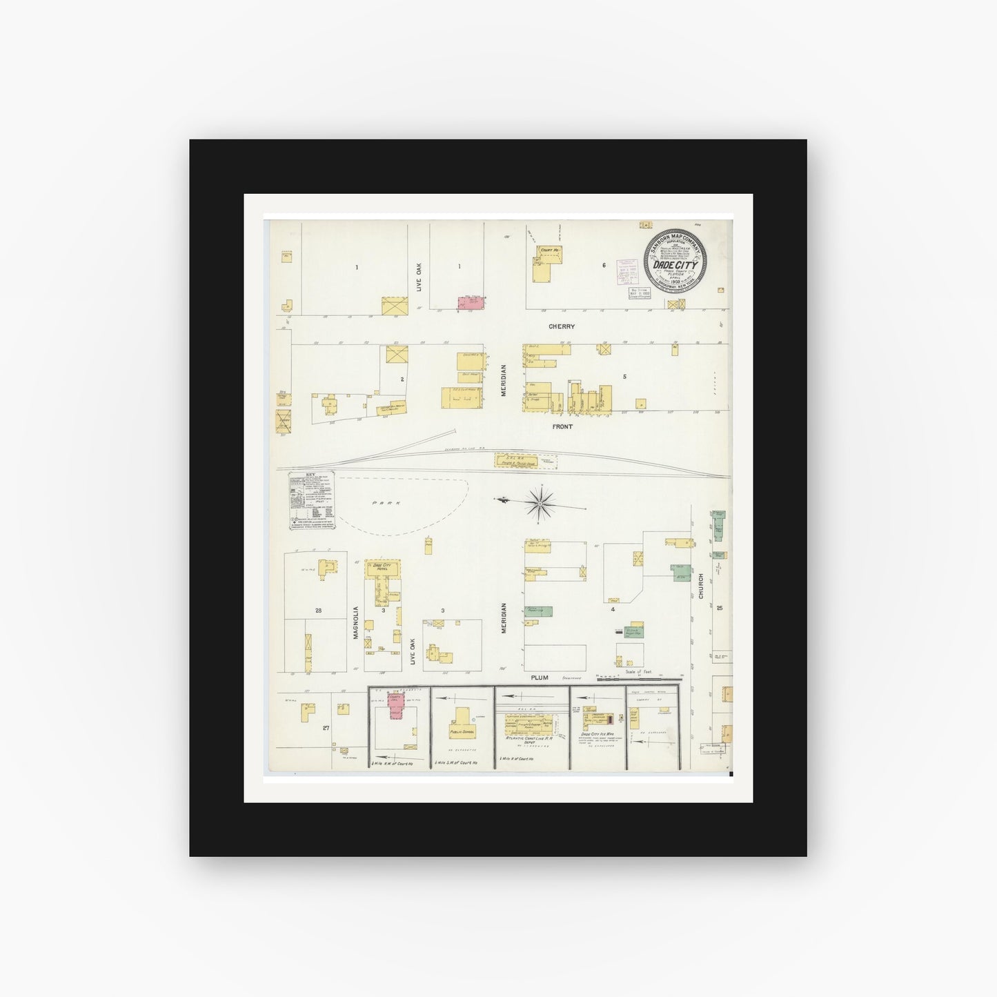 Old map wall art mockup — black gallery frame with white mat — Sanborn Fire Insurance Map from Dade City, Pasco County, Florida (1903), Sheet #0002