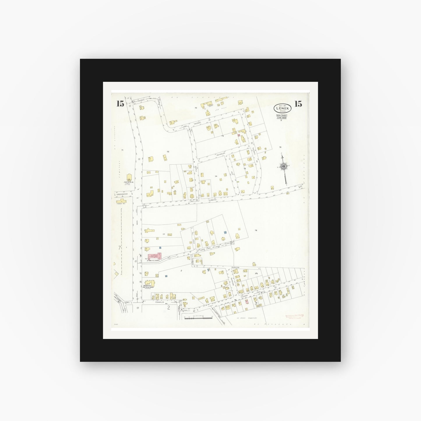 Old map wall art mockup — black gallery frame with white mat — Sanborn Fire Insurance Map from Lenox, Berkshire County, Massachusetts (1939), Sheet #0015