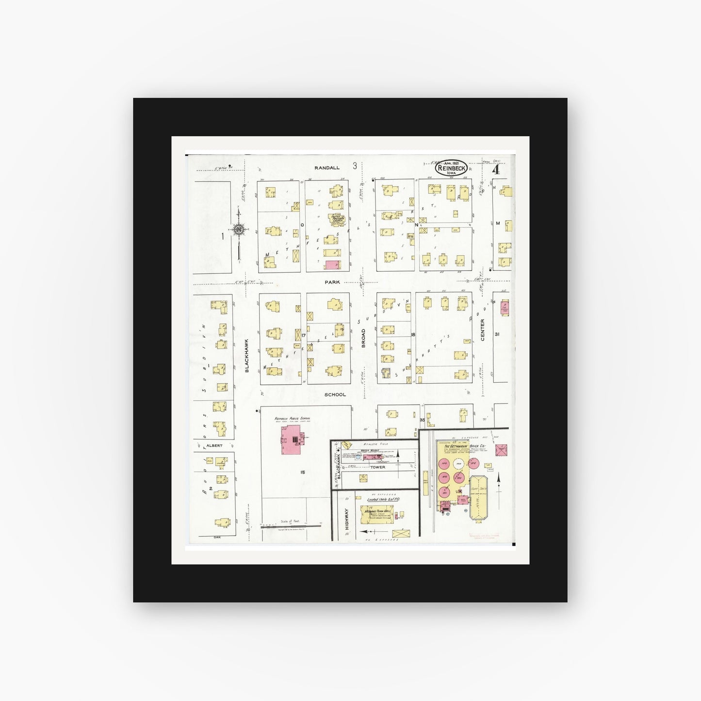 Old map wall art mockup β black gallery frame with white mat β Sanborn Fire Insurance Map from Reinbeck, Grundy County, Iowa (1921), Sheet #0004