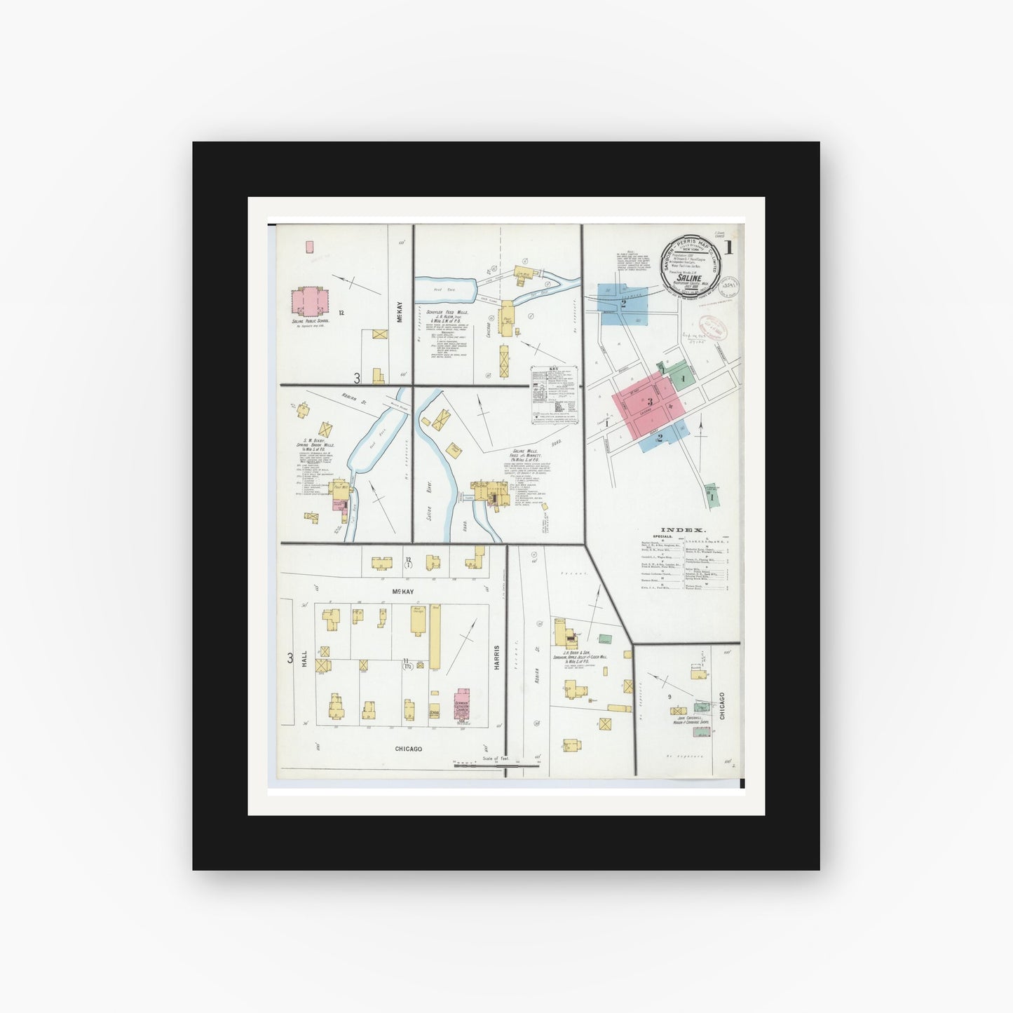 Old map wall art mockup β black gallery frame with white mat β Sanborn Fire Insurance Map from Saline, Washtenaw County, Michigan (1899) - Complete Map Set