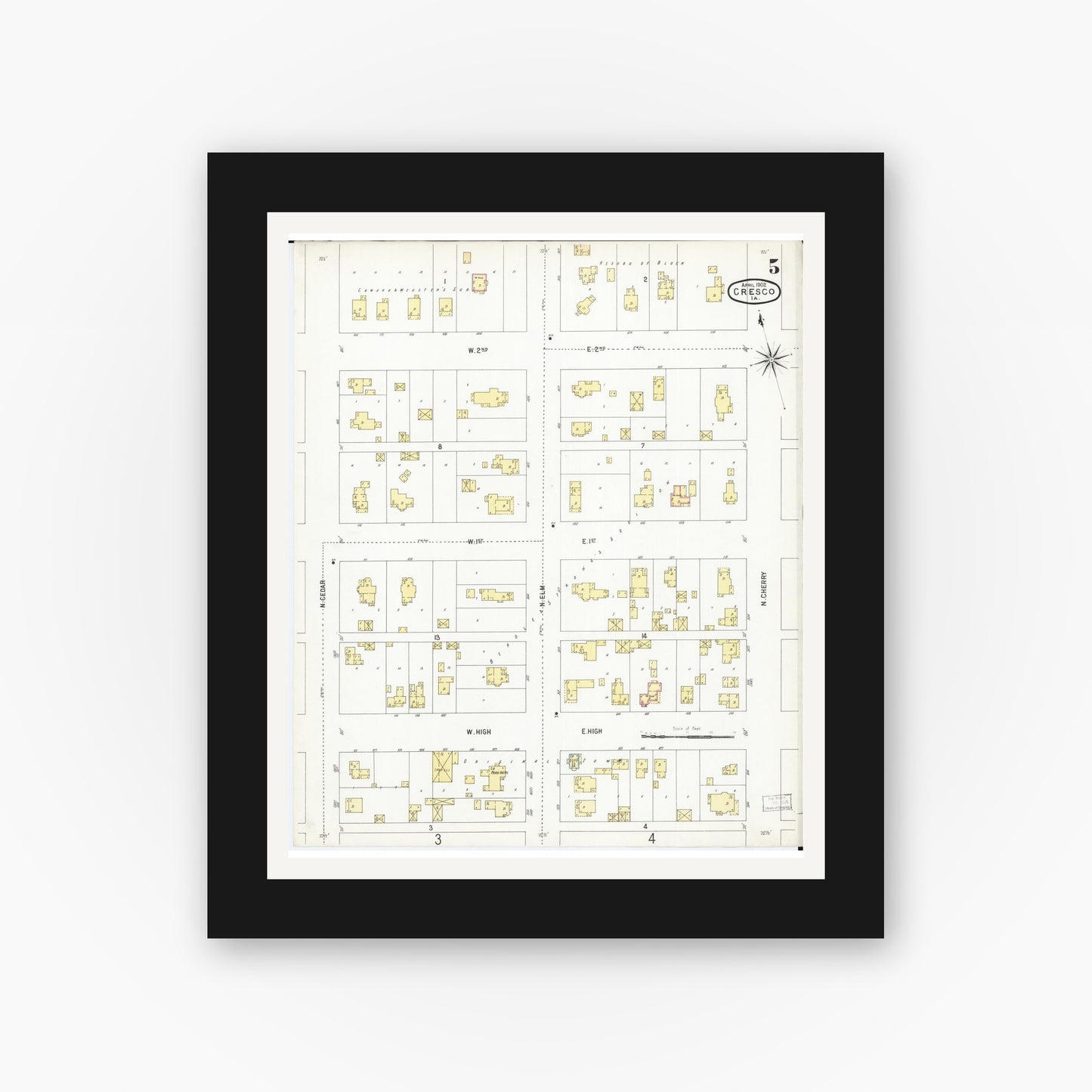 Old map wall art mockup — black gallery frame with white mat — Sanborn Fire Insurance Map from Cresco, Howard County, Iowa (1902), Sheet #0005