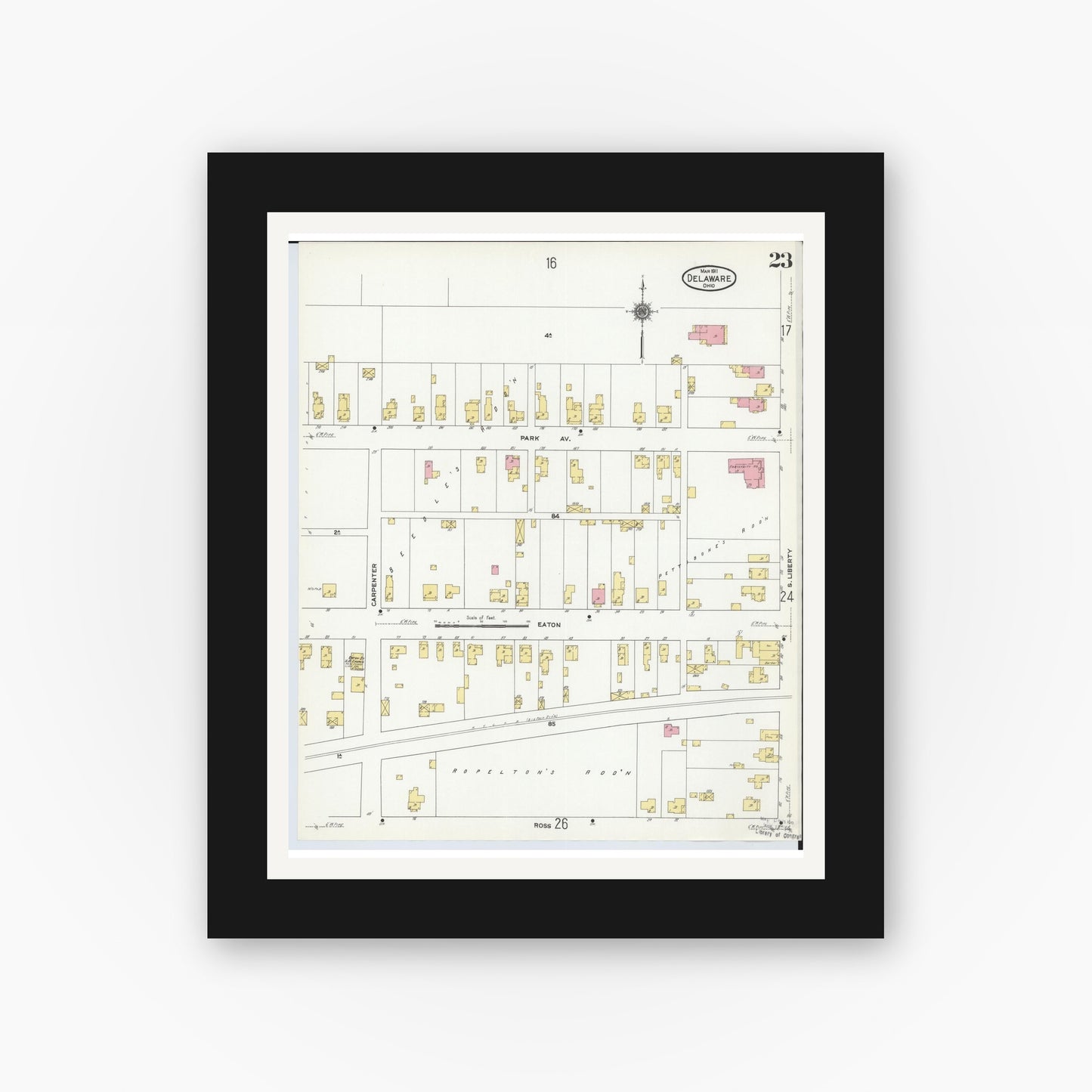 Old map wall art mockup — black gallery frame with white mat — Sanborn Fire Insurance Map from Delaware, Delaware County, Ohio (1911), Sheet #0023