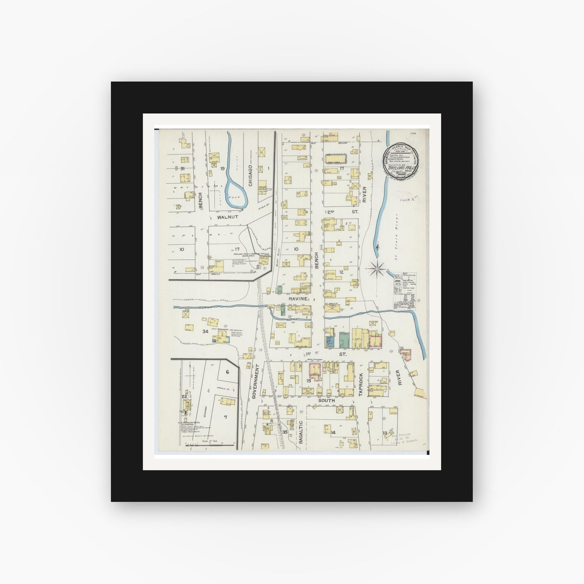 Old map wall art mockup — black gallery frame with white mat — Sanborn Fire Insurance Map from Taylors Falls, Chisago County, Minnesota (1892), Sheet #0001