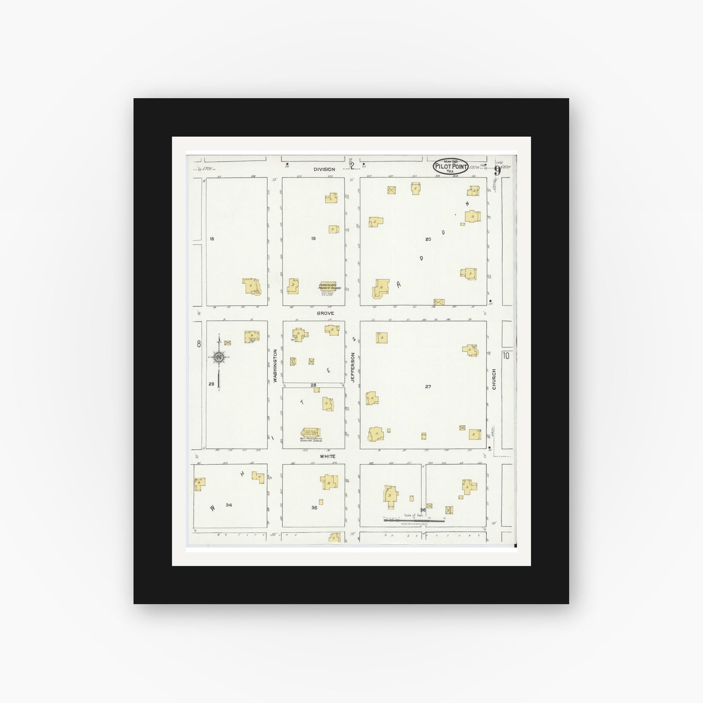 Old map wall art mockup — black gallery frame with white mat — Sanborn Fire Insurance Map from Pilot Point, Denton County, Texas (1921), Sheet #0009