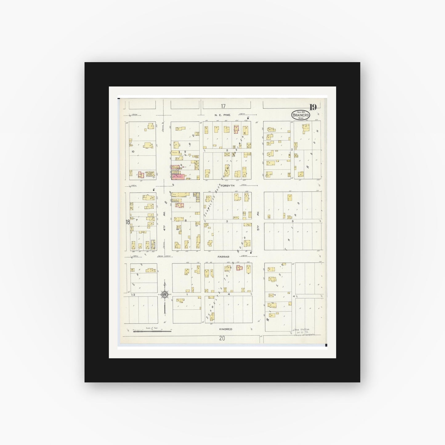 Old map wall art mockup — black gallery frame with white mat — Sanborn Fire Insurance Map from Brainerd, Crow Wing County, Minnesota (1913), Sheet #0019