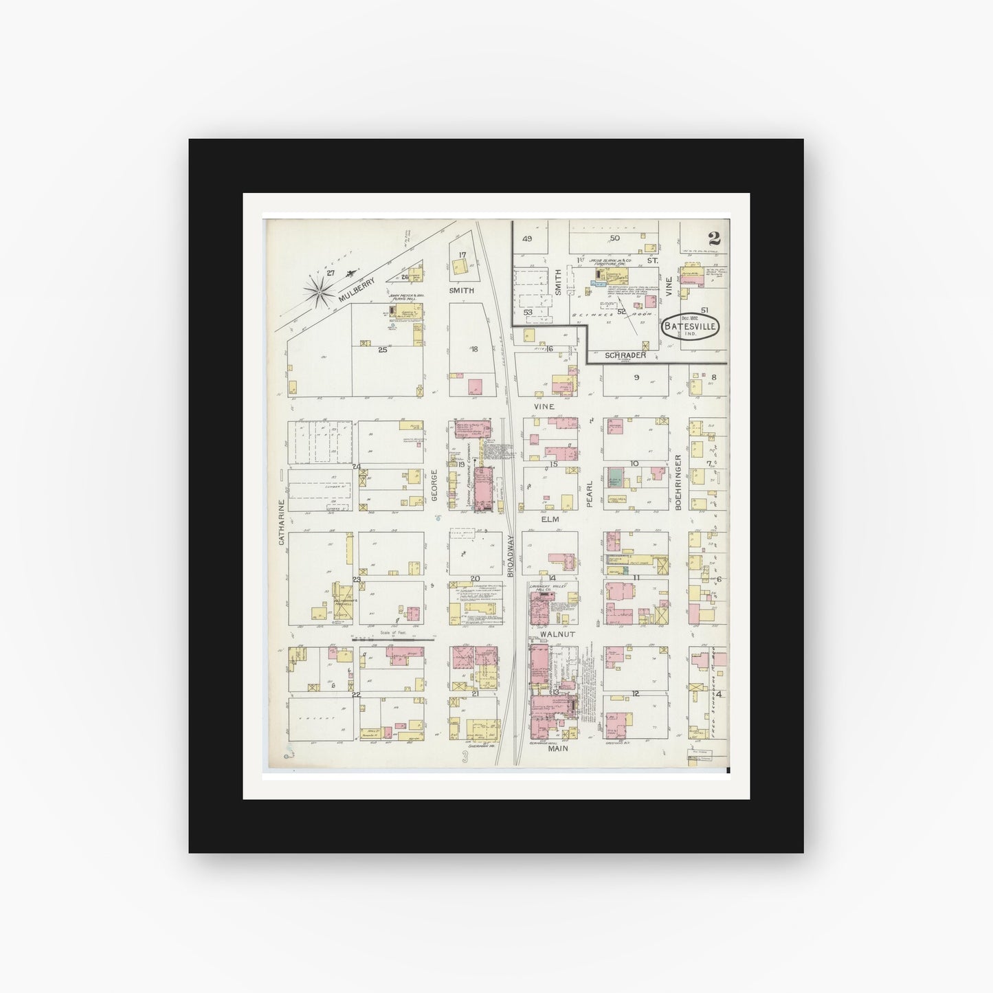 Old map wall art mockup — black gallery frame with white mat — Sanborn Fire Insurance Map from Batesville, Ripley County, Indiana (1892), Sheet #0002