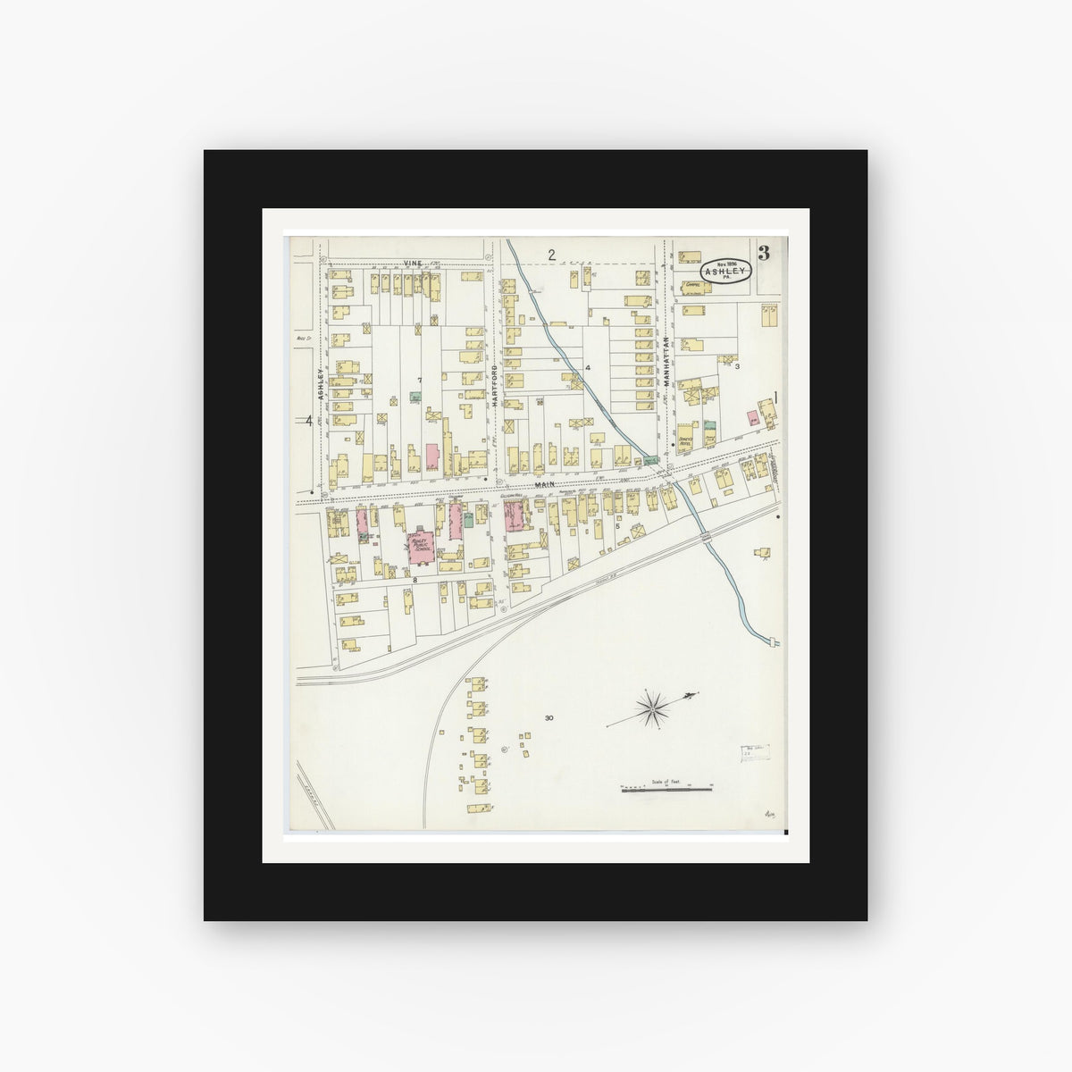 Old map wall art mockup — black gallery frame with white mat — Sanborn Fire Insurance Map from Ashley, Luzerne County, Pennsylvania (1896), Sheet #0003