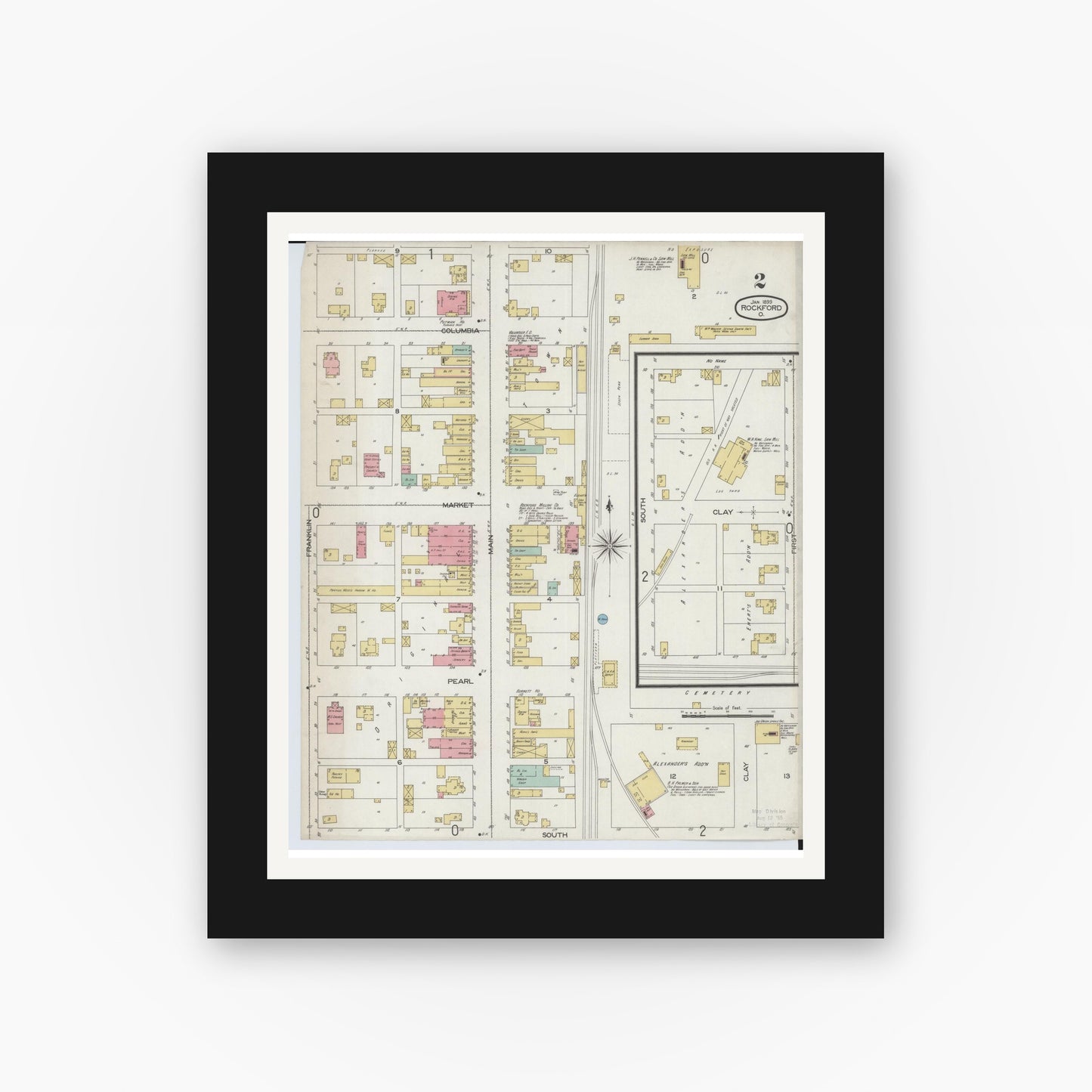 Old map wall art mockup — black gallery frame with white mat — Sanborn Fire Insurance Map from Rockford, Mercer County, Ohio (1899), Sheet #0002