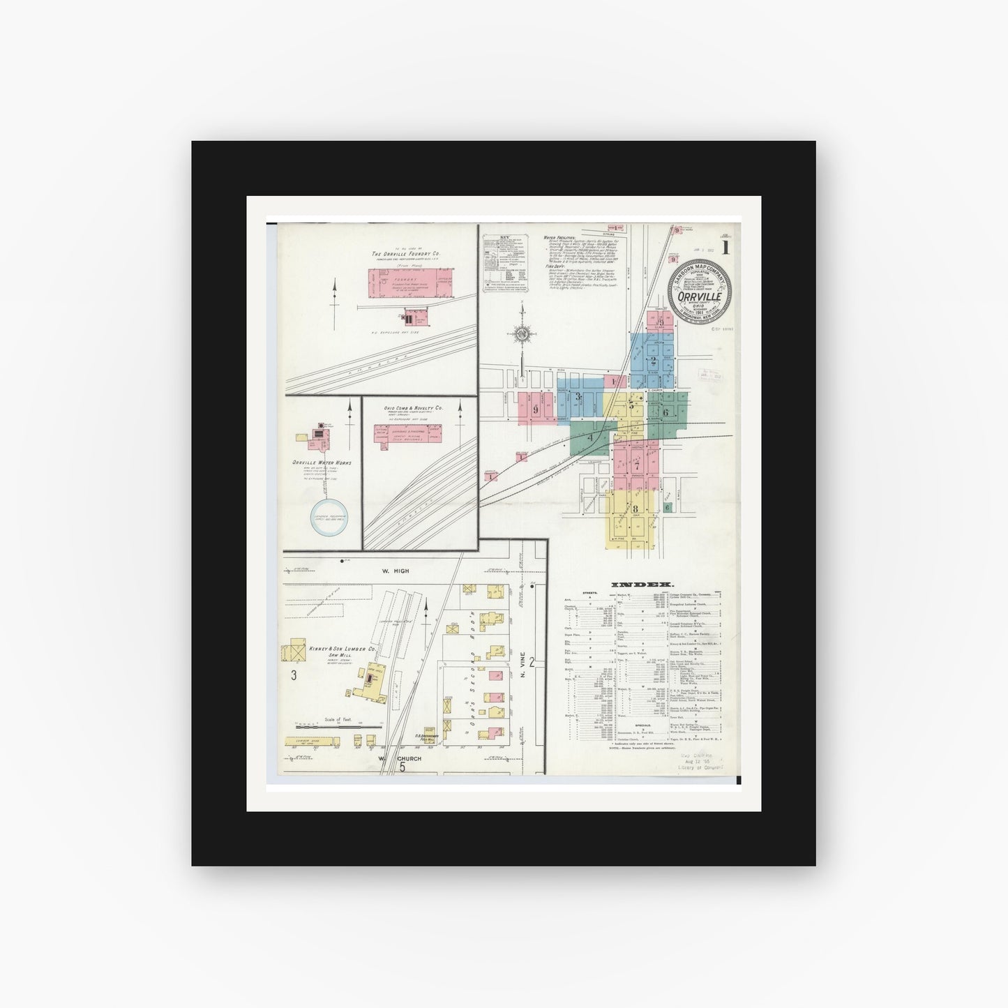 Old map wall art mockup — black gallery frame with white mat — Sanborn Fire Insurance Map from Orrville, Wayne County, Ohio (1911), Sheet #0001