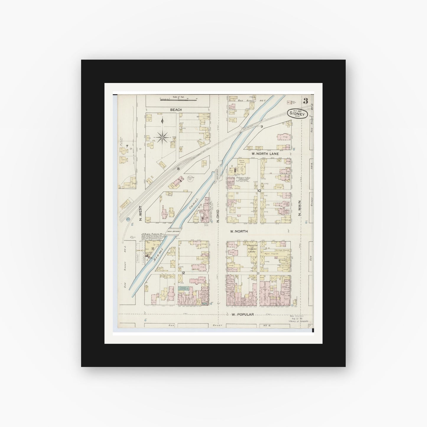 Old map wall art mockup — black gallery frame with white mat — Sanborn Fire Insurance Map from Sidney, Shelby County, Ohio (1887), Sheet #0003