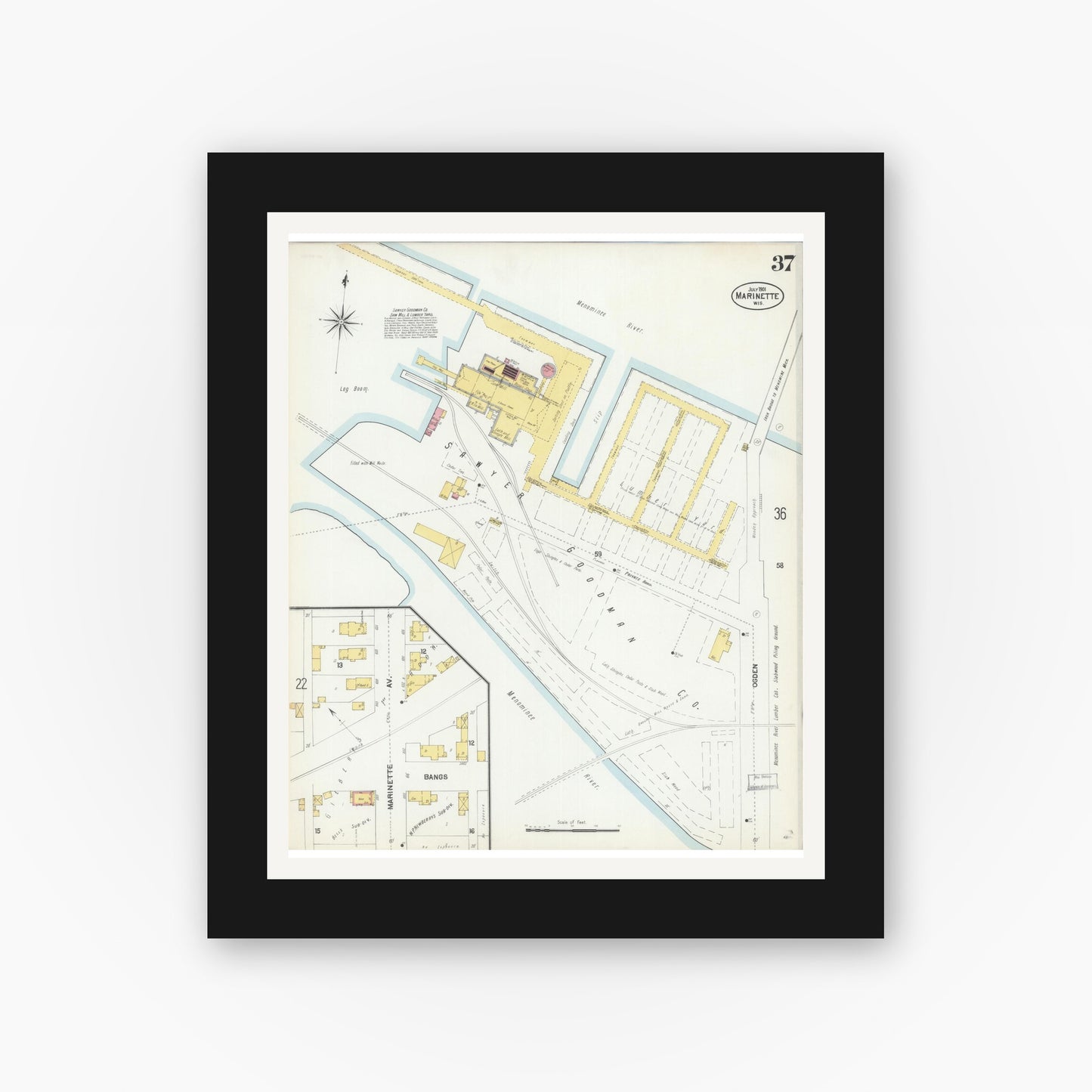 Old map wall art mockup — black gallery frame with white mat — Sanborn Fire Insurance Map from Marinette, Marinette County, Wisconsin (1901), Sheet #0037