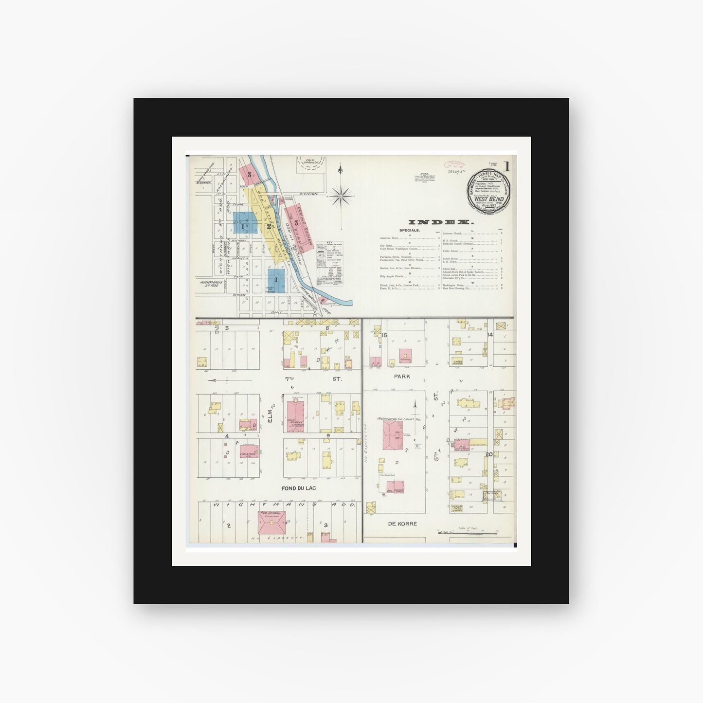 Old map wall art mockup — black gallery frame with white mat — Sanborn Fire Insurance Map from West Bend, Washington County, Wisconsin (1892) - Complete Map Set