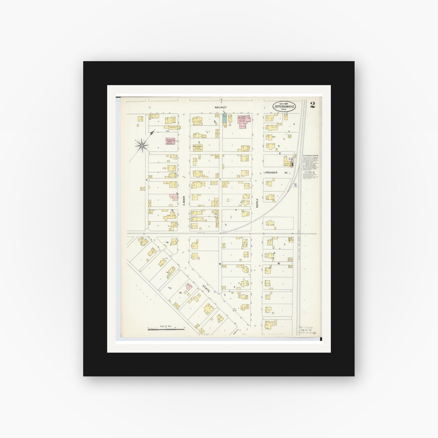 Old map wall art mockup — black gallery frame with white mat — Sanborn Fire Insurance Map from Jeffersonville, Fayette County, Ohio (1907), Sheet #0002