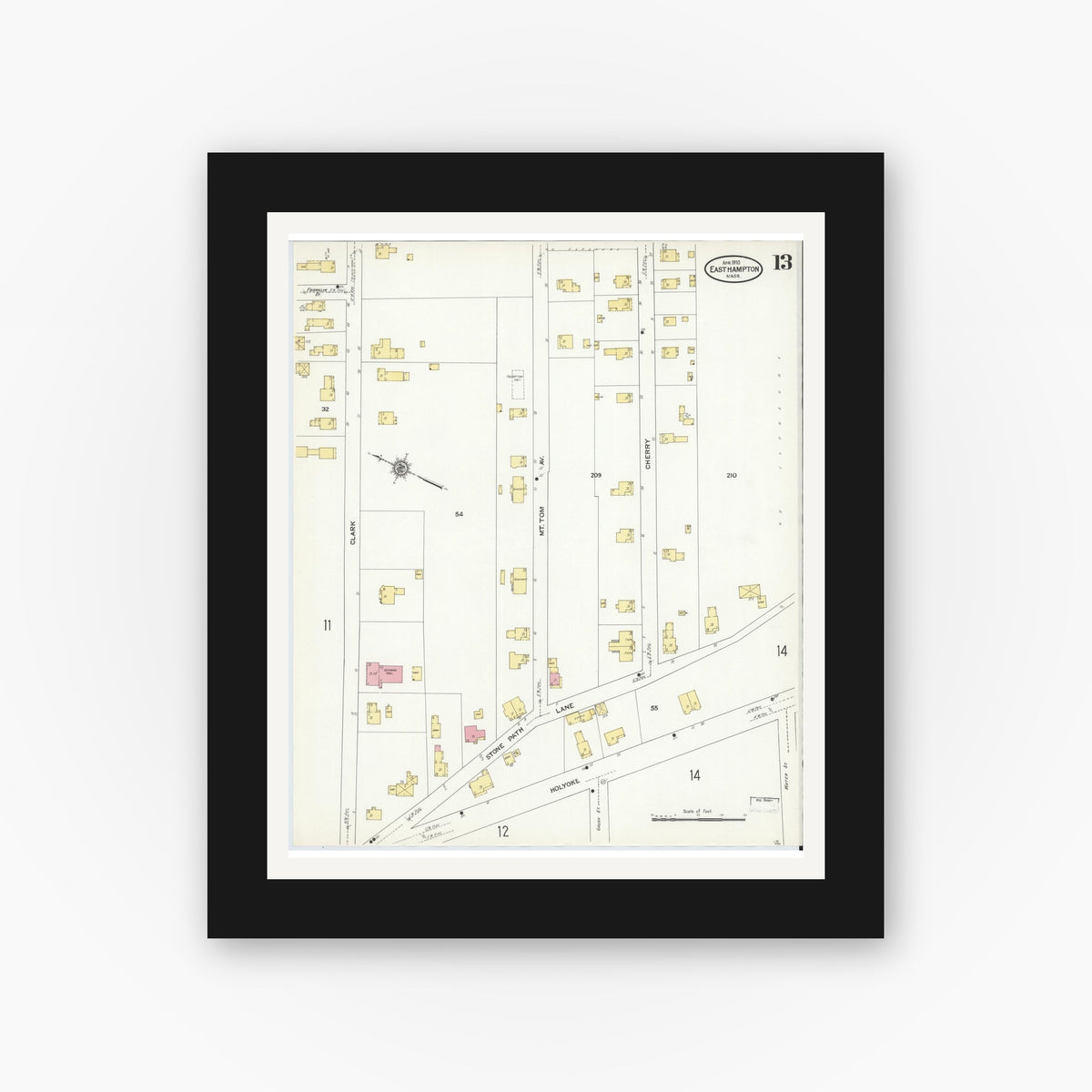 Old map wall art mockup — black gallery frame with white mat — Sanborn Fire Insurance Map from East Hampton, Hampshire County, Massachusetts (1910), Sheet #0013