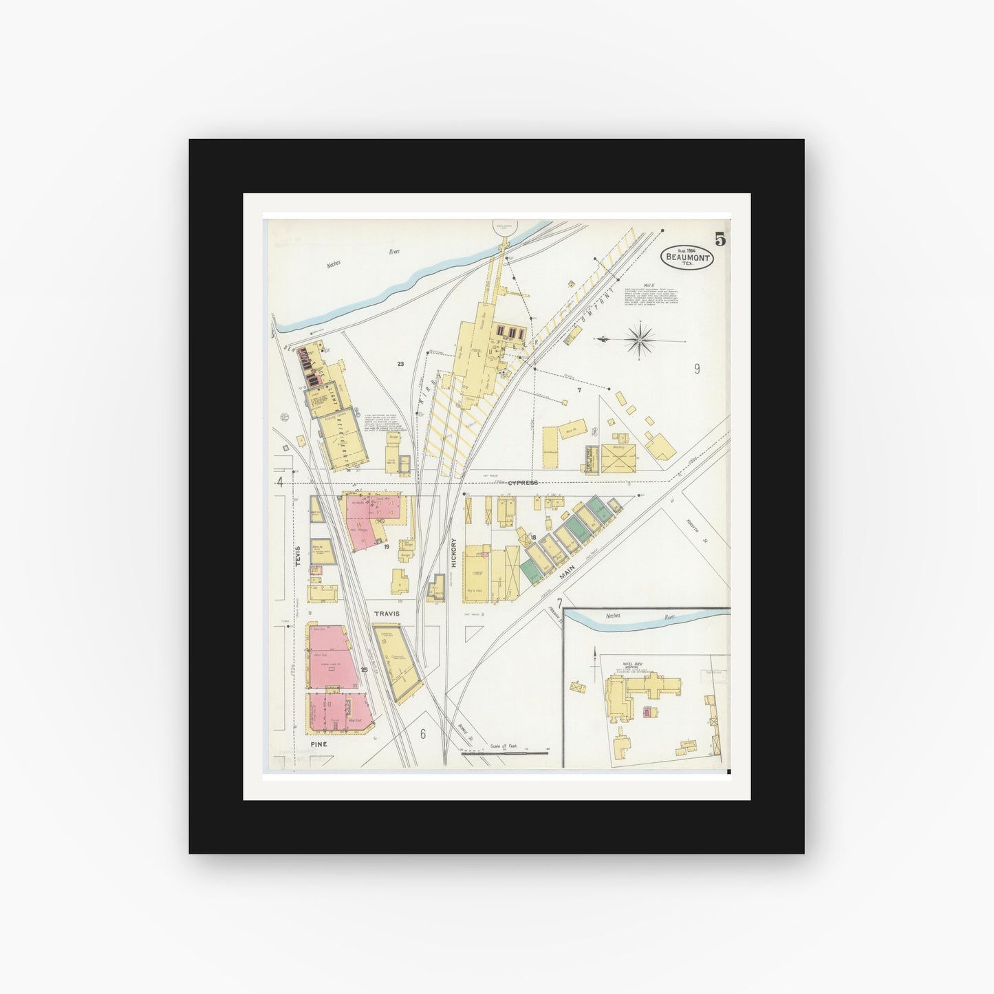 Old map wall art mockup — black gallery frame with white mat — Sanborn Fire Insurance Map from Beaumont, Jefferson County, Texas (1904), Sheet #0005