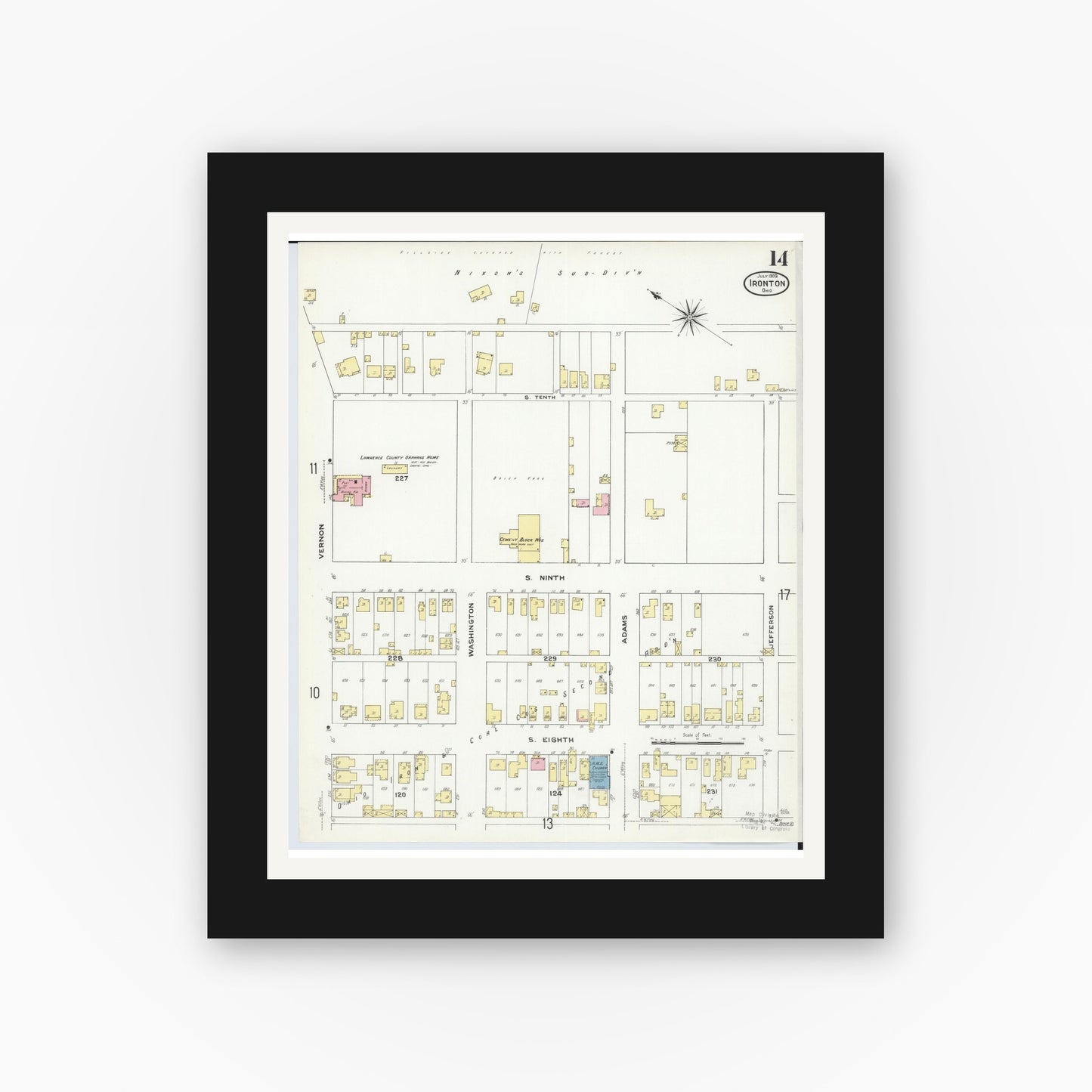 Old map wall art mockup — black gallery frame with white mat — Sanborn Fire Insurance Map from Ironton, Lawrence County, Ohio (1909), Sheet #0014