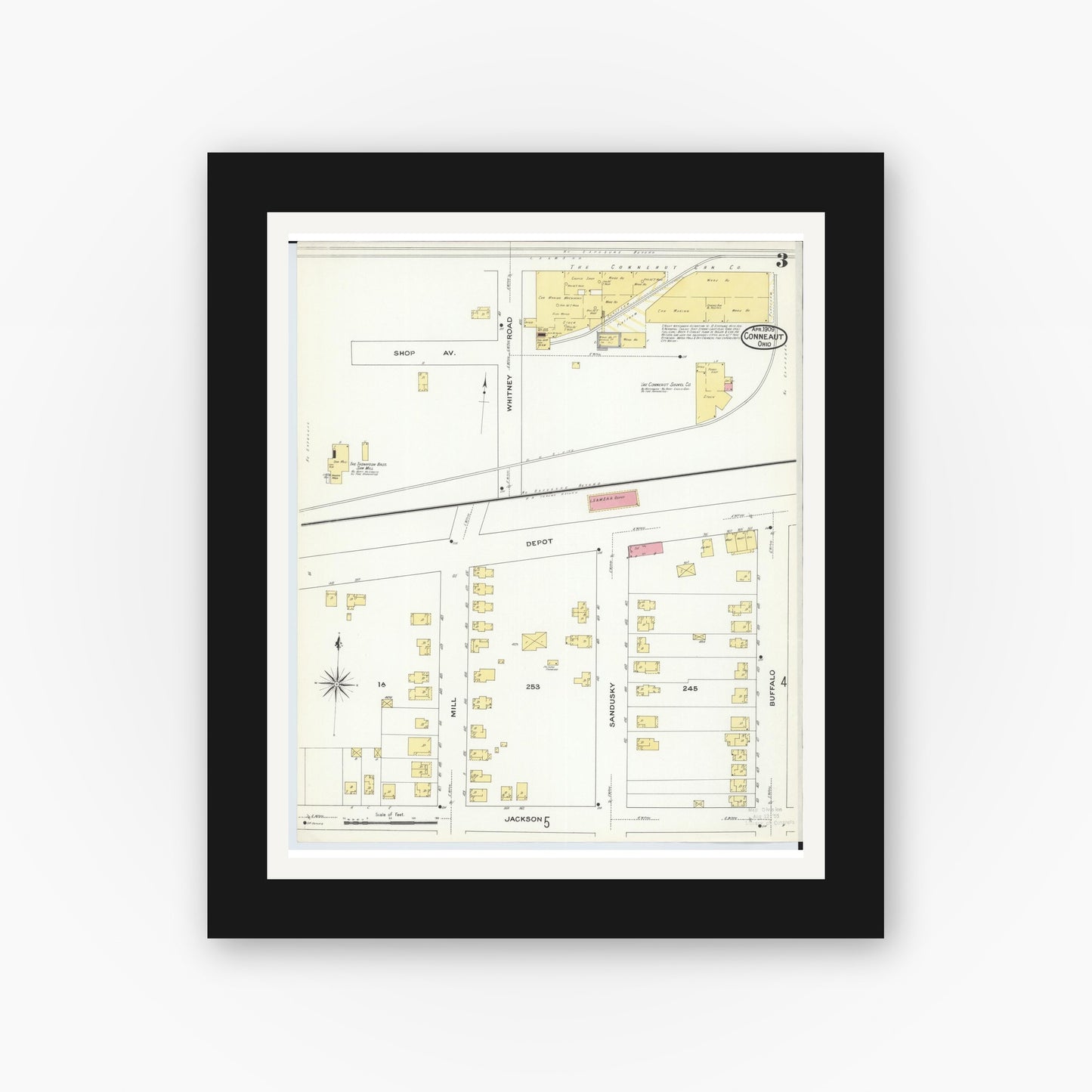 Old map wall art mockup — black gallery frame with white mat — Sanborn Fire Insurance Map from Conneaut, Ashtabula County, Ohio (1909), Sheet #0003
