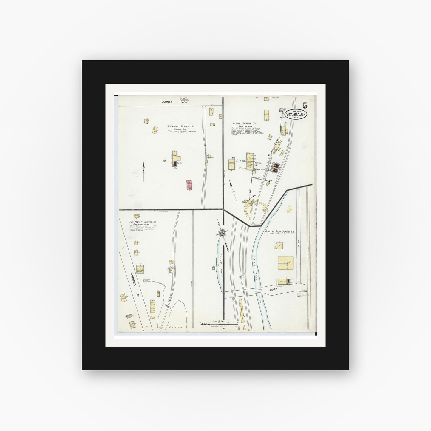 Old map wall art mockup — black gallery frame with white mat — Sanborn Fire Insurance Map from Stambaugh, Iron County, Michigan (1922), Sheet #0005