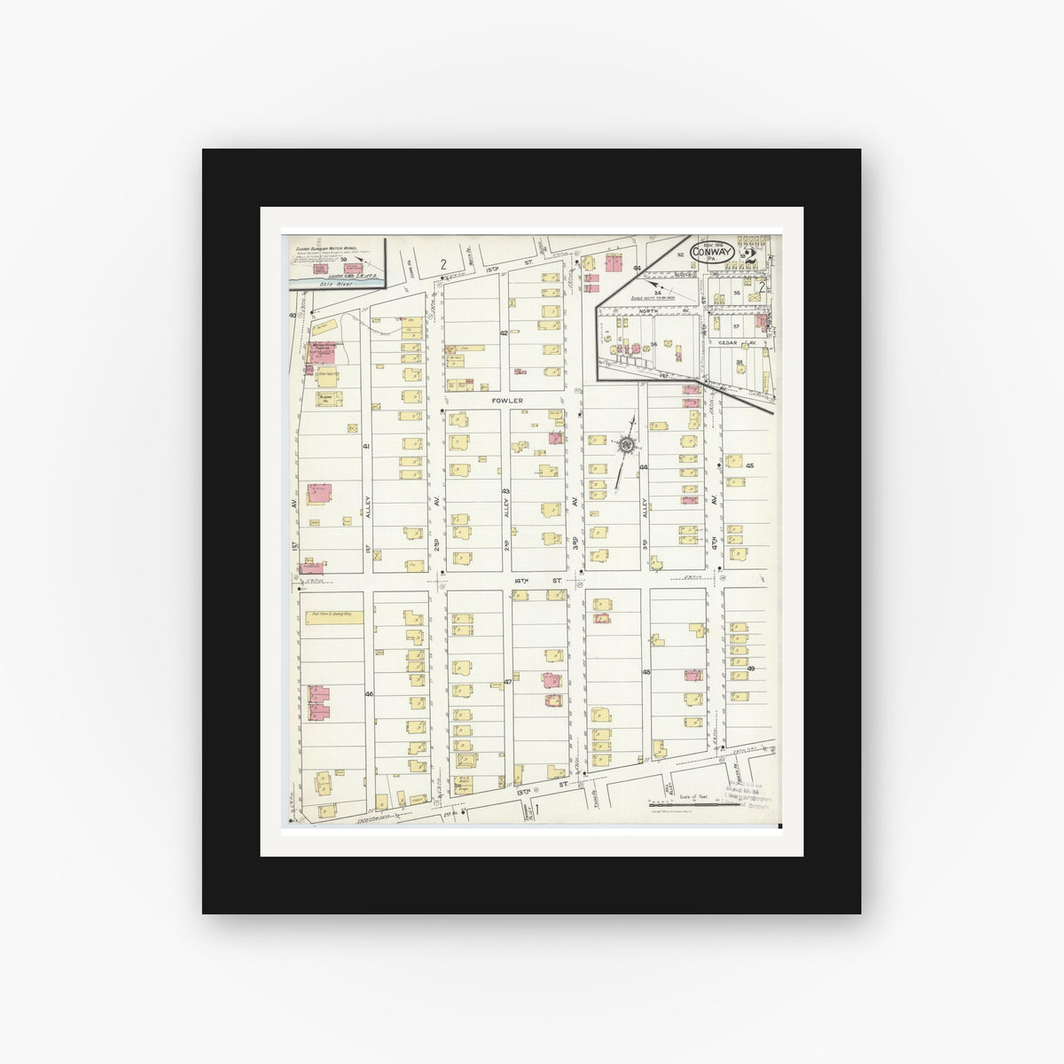 Old map wall art mockup — black gallery frame with white mat — Sanborn Fire Insurance Map from Conway, Beaver County, Pennsylvania (1916), Sheet #0002
