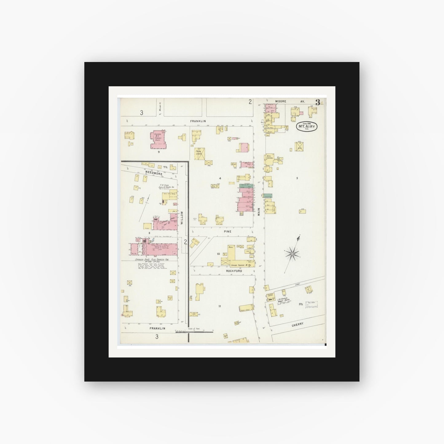 Old map wall art mockup — black gallery frame with white mat — Sanborn Fire Insurance Map from Mount Airy, Surry County, North Carolina (1896), Sheet #0003