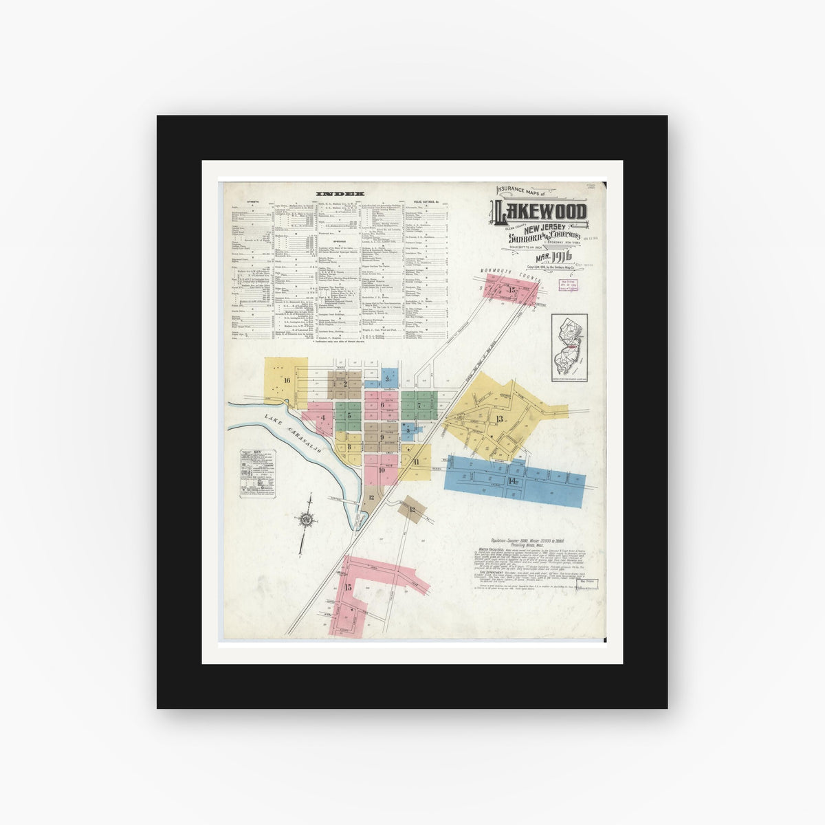 Old map wall art mockup — black gallery frame with white mat — Sanborn Fire Insurance Map from Lakewood, Ocean County, New Jersey (1916), Sheet #0001