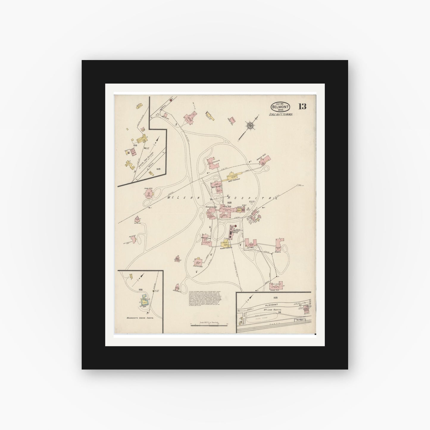 Old map wall art mockup — black gallery frame with white mat — Sanborn Fire Insurance Map from Belmont, Middlesex County, Massachusetts (1915), Sheet #0013