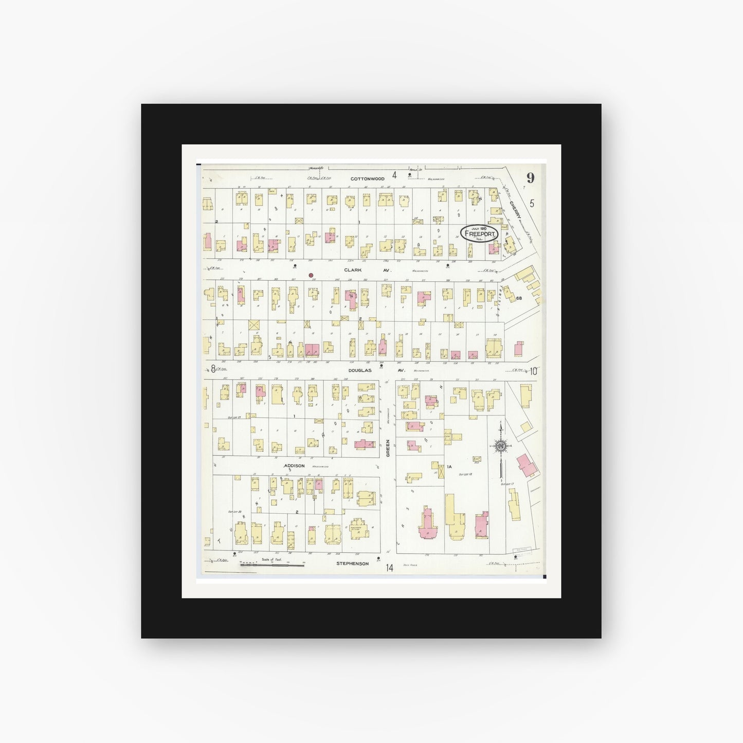 Old map wall art mockup — black gallery frame with white mat — Sanborn Fire Insurance Map from Freeport, Stephenson County, Illinois (1910), Sheet #0009