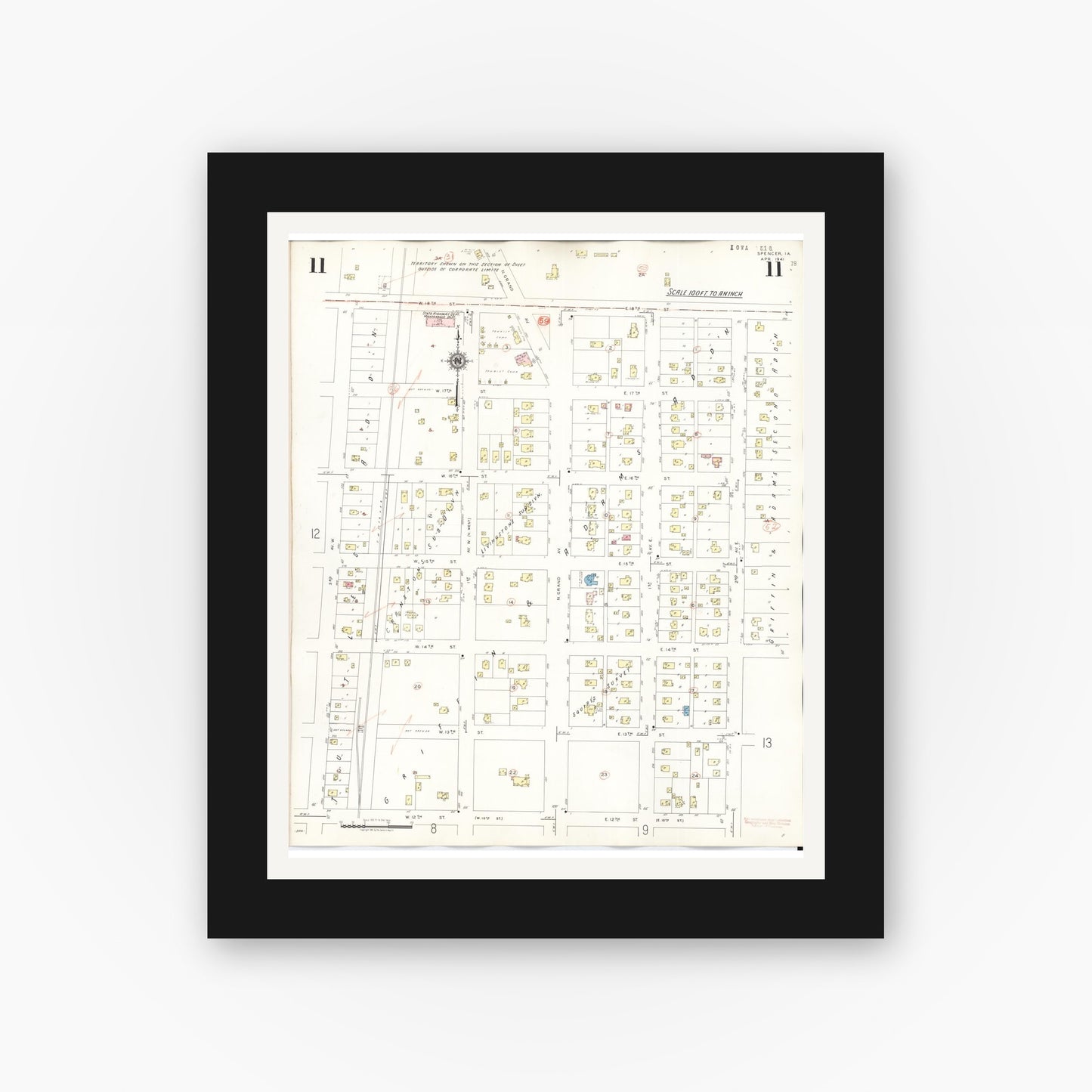 Old map wall art mockup — black gallery frame with white mat — Sanborn Fire Insurance Map from Spencer, Clay County, Iowa (1946), Sheet #0011