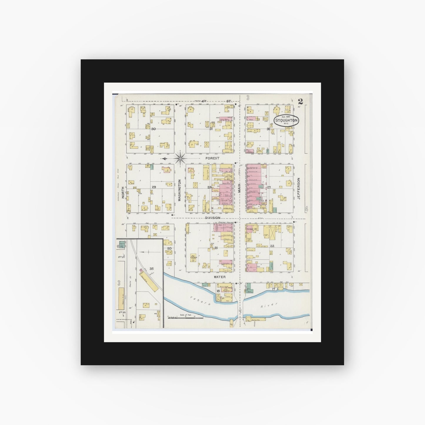 Old map wall art mockup — black gallery frame with white mat — Sanborn Fire Insurance Map from Stoughton, Dane County, Wisconsin (1892), Sheet #0002