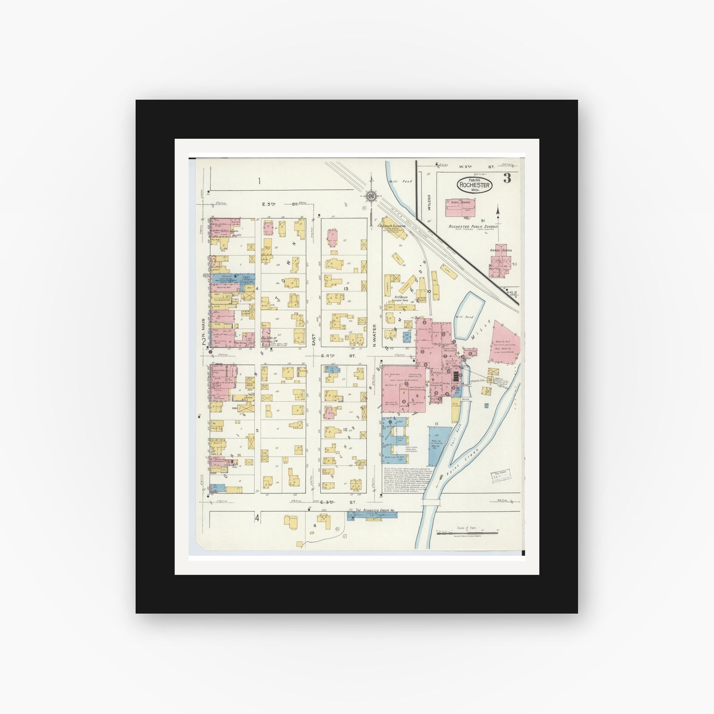 Old map wall art mockup — black gallery frame with white mat — Sanborn Fire Insurance Map from Rochester, Oakland County, Michigan (1919), Sheet #0003