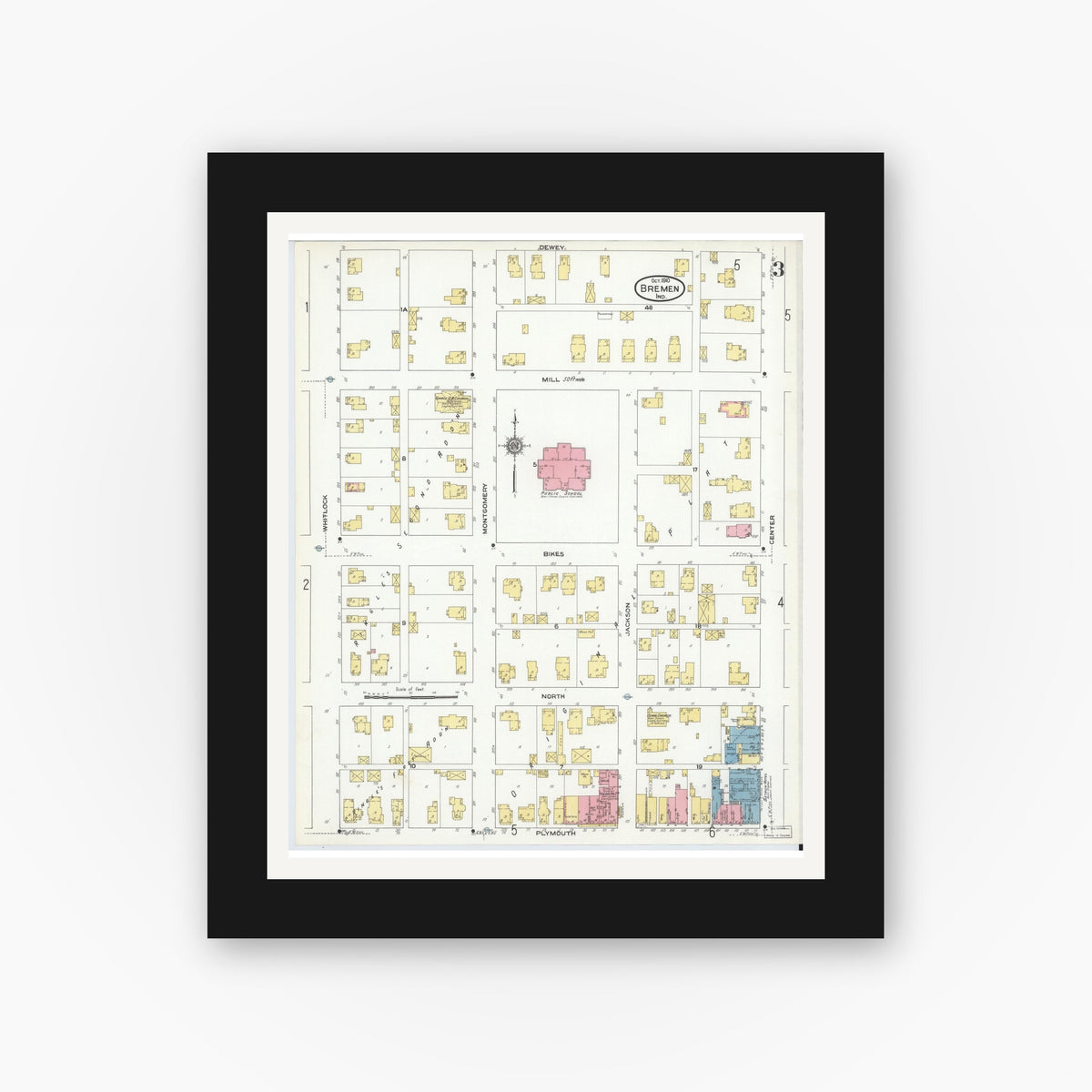 Old map wall art mockup — black gallery frame with white mat — Sanborn Fire Insurance Map from Bremen, Marshall County, Indiana (1910), Sheet #0003