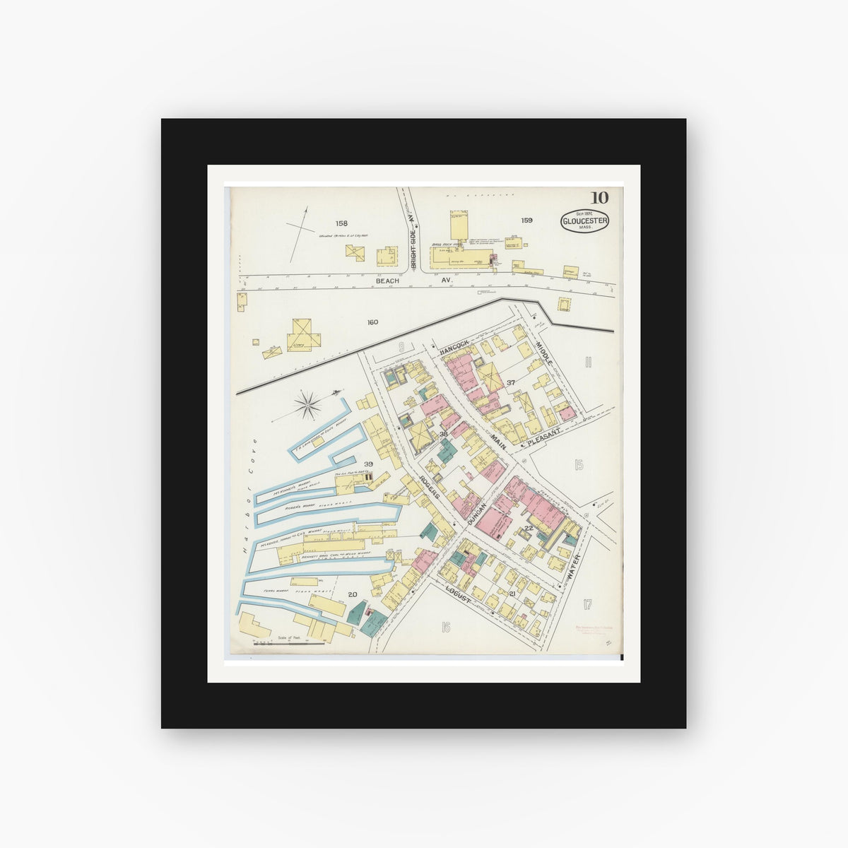 Old map wall art mockup — black gallery frame with white mat — Sanborn Fire Insurance Map from Gloucester, Essex County, Massachusetts (1892), Sheet #0010