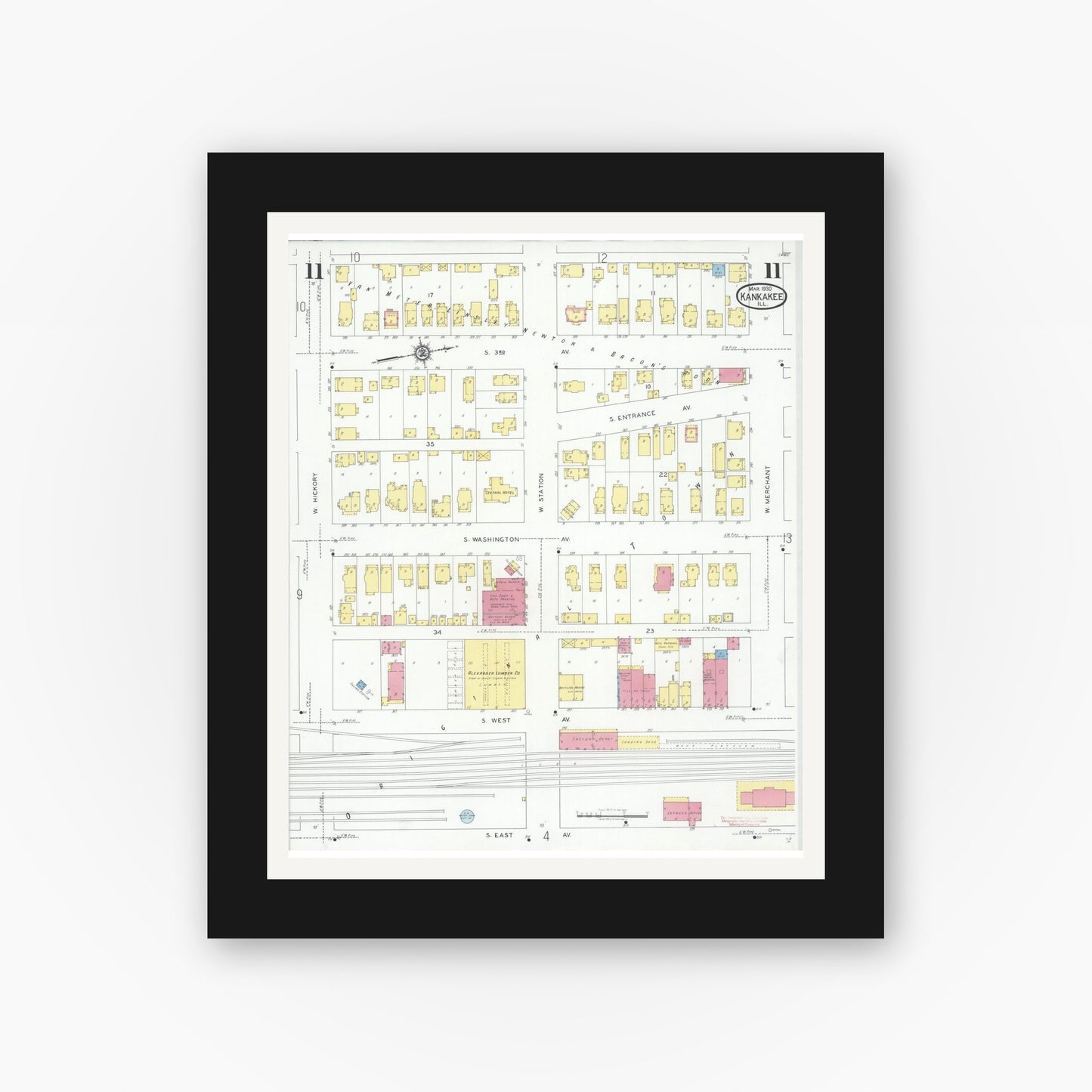 Old map wall art mockup — black gallery frame with white mat — Sanborn Fire Insurance Map from Kankakee, Kankakee County, Illinois (1930), Sheet #0011