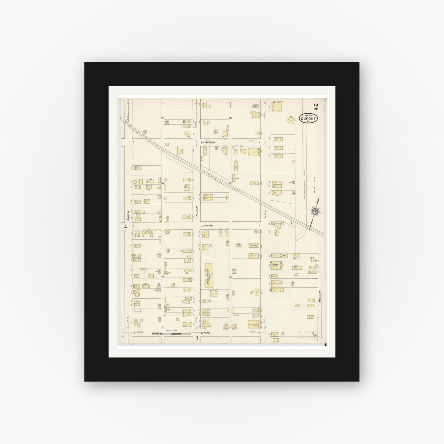 Old map wall art mockup — black gallery frame with white mat — Sanborn Fire Insurance Map from Dupont, Luzerne County, Pennsylvania (1914), Sheet #0002