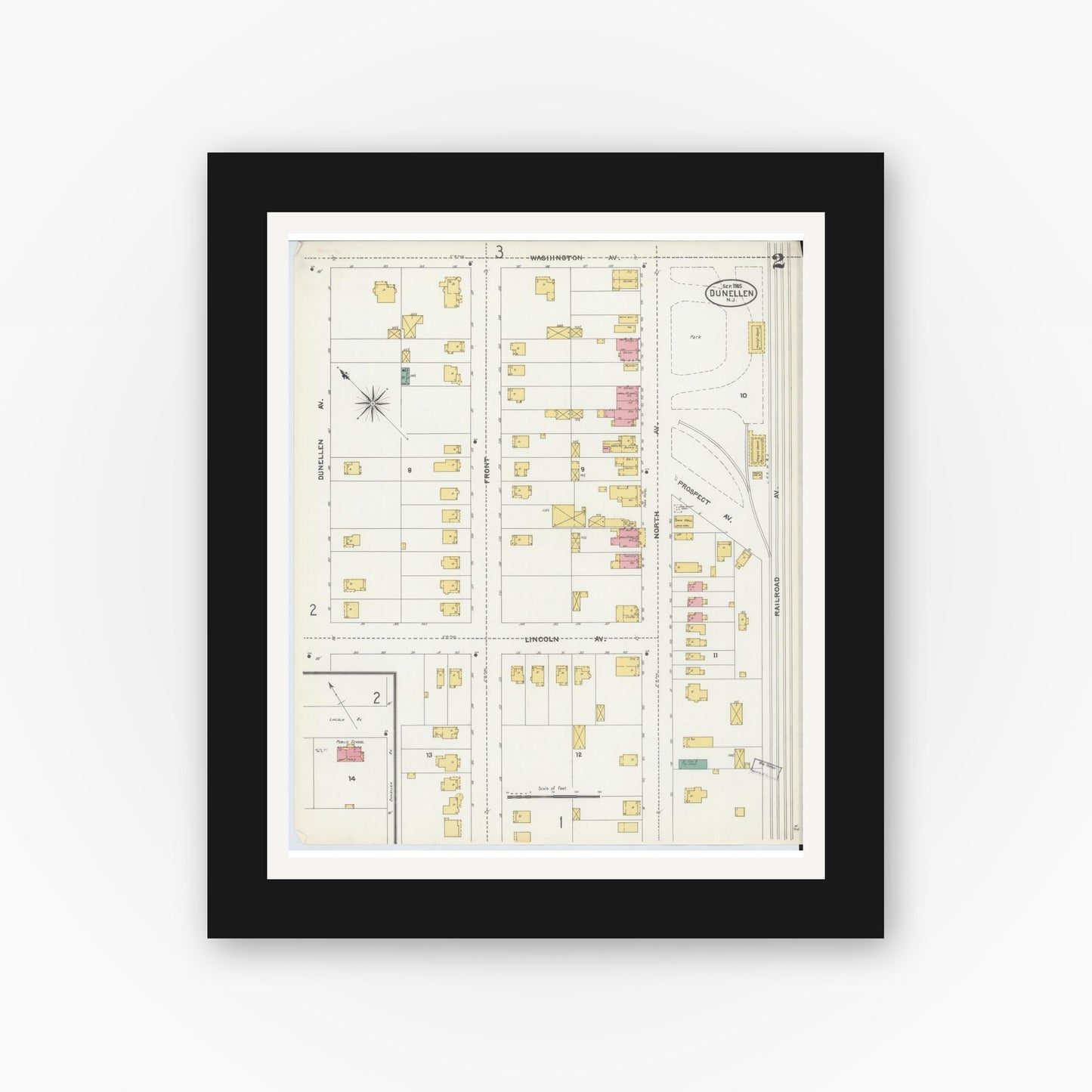 Old map wall art mockup — black gallery frame with white mat — Sanborn Fire Insurance Map from Dunellen, Middlesex County, New Jersey (1905), Sheet #0002