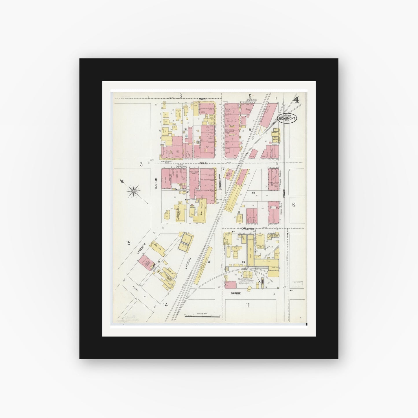 Old map wall art mockup — black gallery frame with white mat — Sanborn Fire Insurance Map from Beaumont, Jefferson County, Texas (1902), Sheet #0004