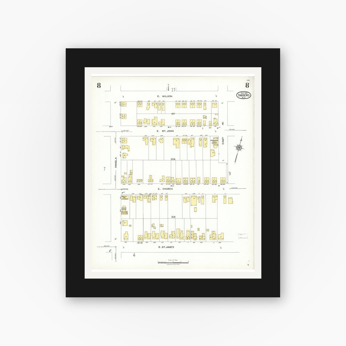 Old map wall art mockup — black gallery frame with white mat — Sanborn Fire Insurance Map from Tarboro, Edgecombe County, North Carolina (1923), Sheet #0008