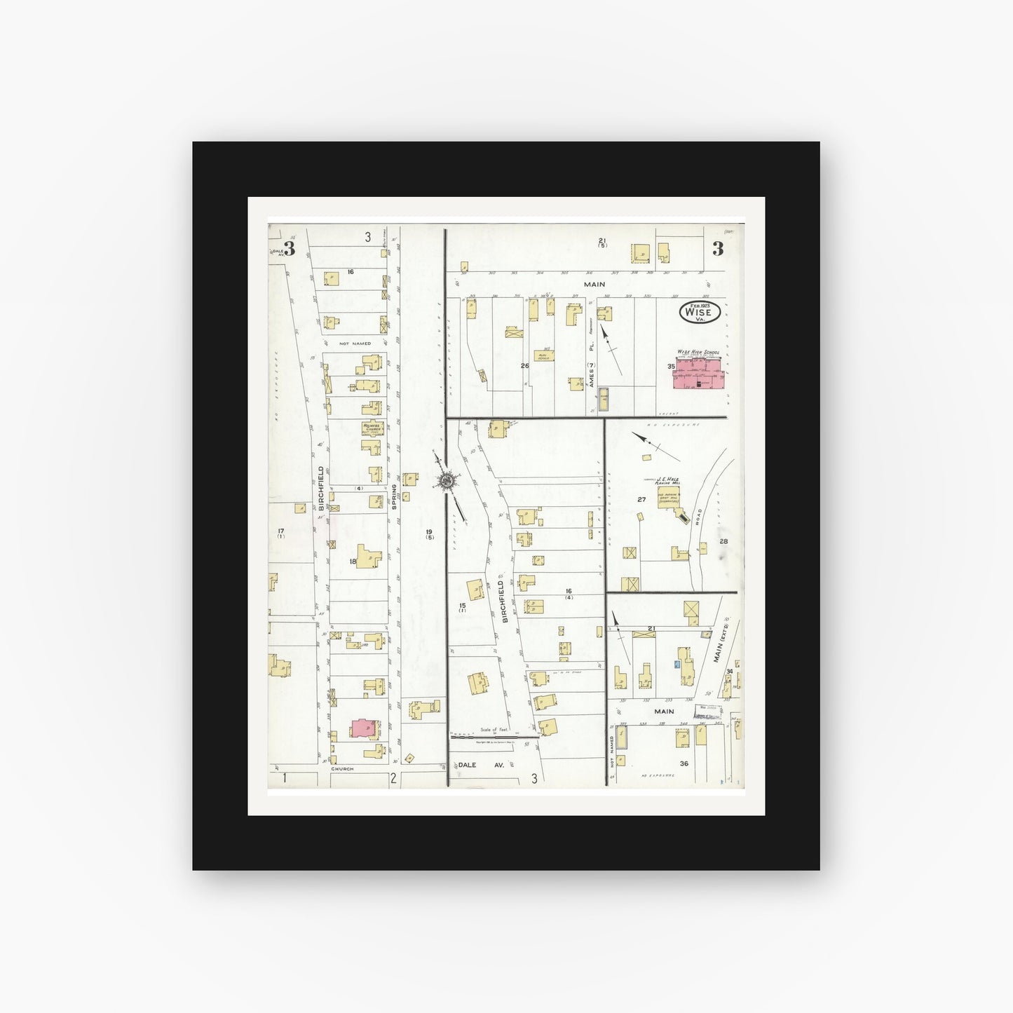 Old map wall art mockup — black gallery frame with white mat — Sanborn Fire Insurance Map from Wise, Wise County, Virginia (1923), Sheet #0003