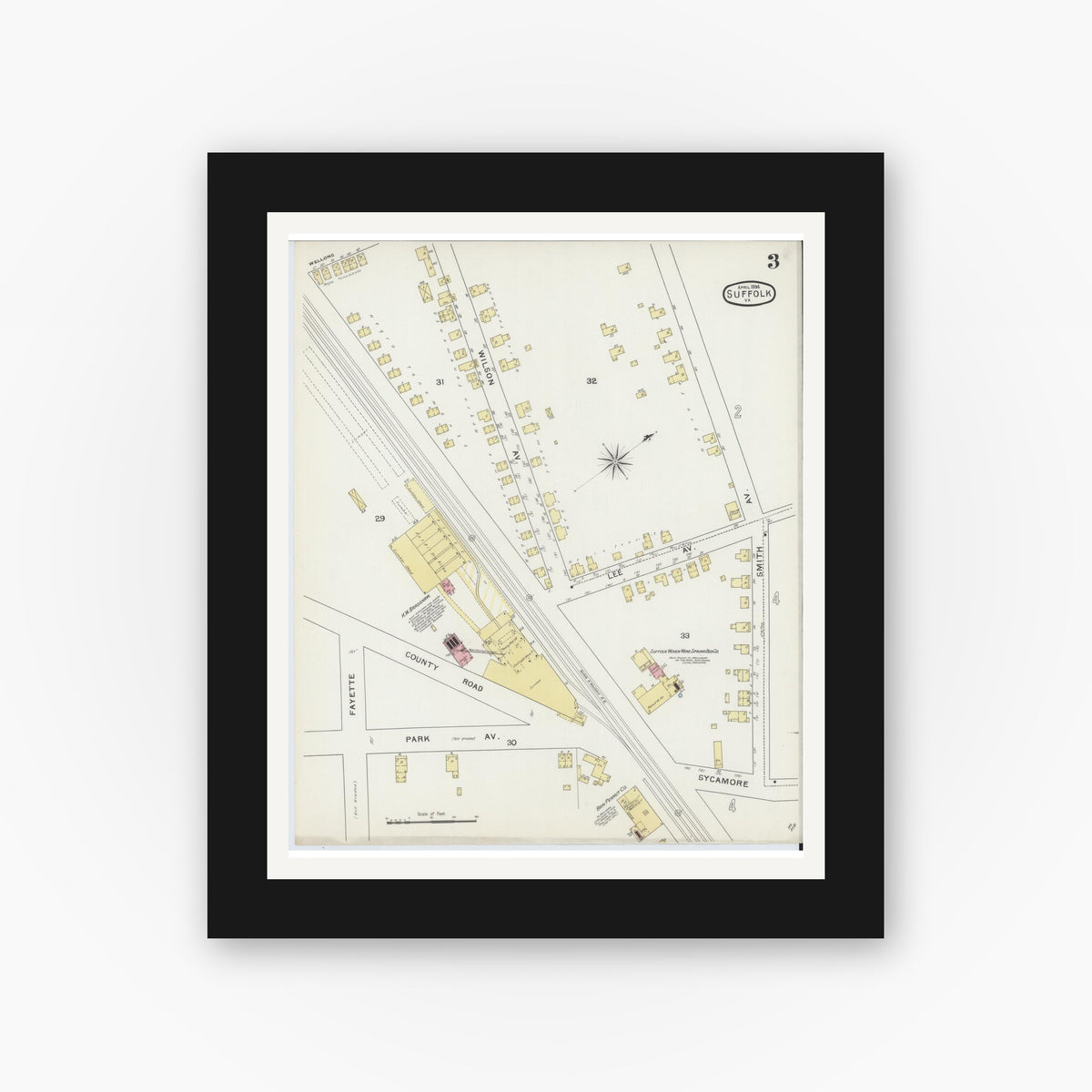 Old map wall art mockup — black gallery frame with white mat — Sanborn Fire Insurance Map from Suffolk, Independent Cities, Virginia (1894), Sheet #0003