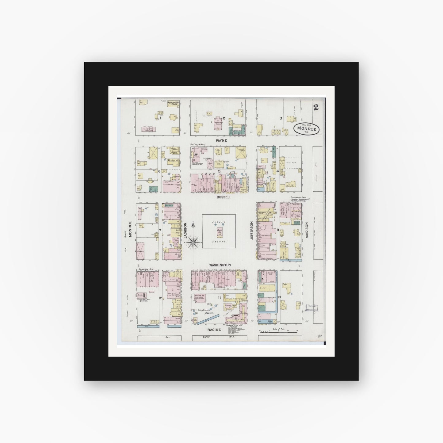 Old map wall art mockup — black gallery frame with white mat — Sanborn Fire Insurance Map from Monroe, Green County, Wisconsin (1889), Sheet #0002