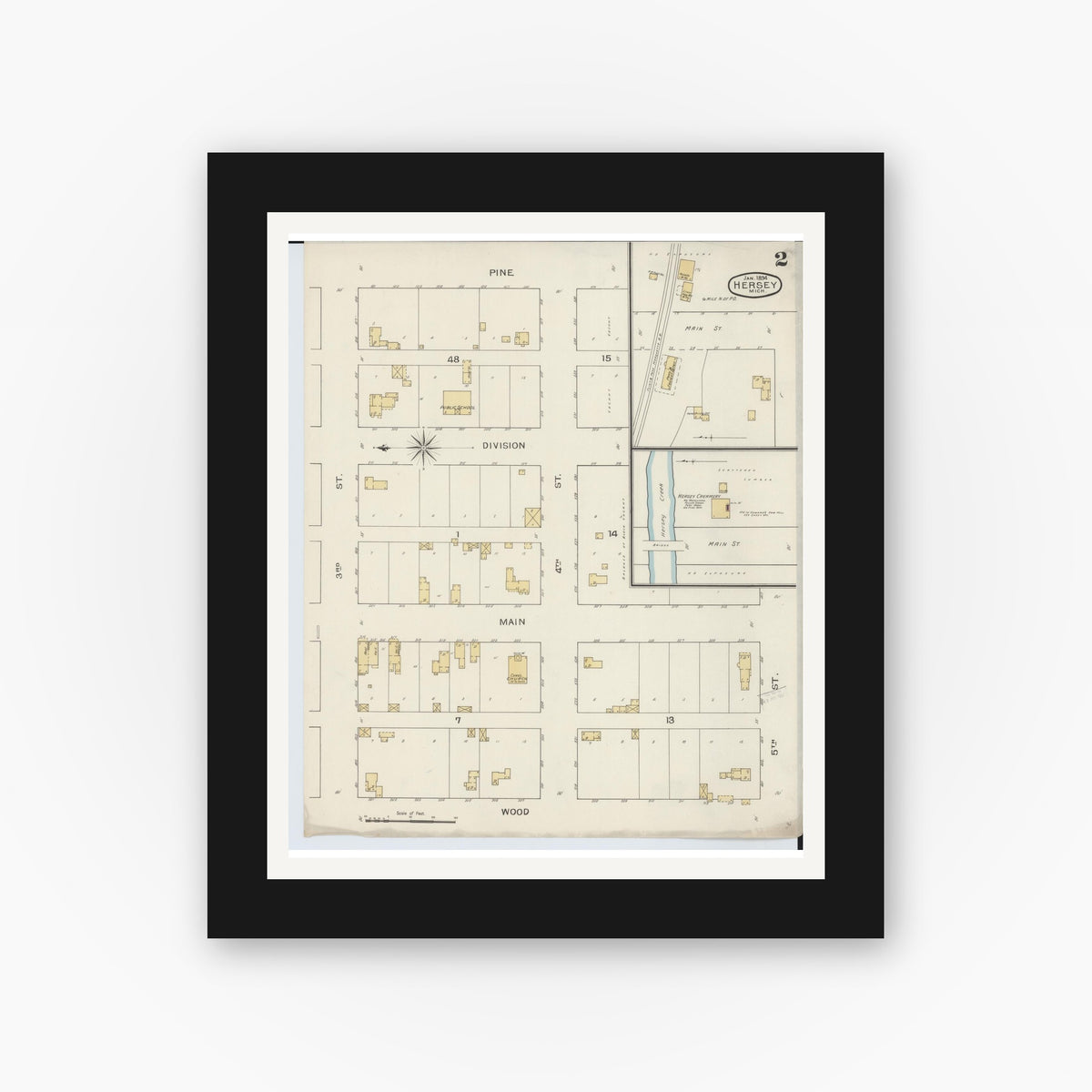 Old map wall art mockup β black gallery frame with white mat β Sanborn Fire Insurance Map from Hersey, Osceola County, Michigan (1894), Sheet #0002