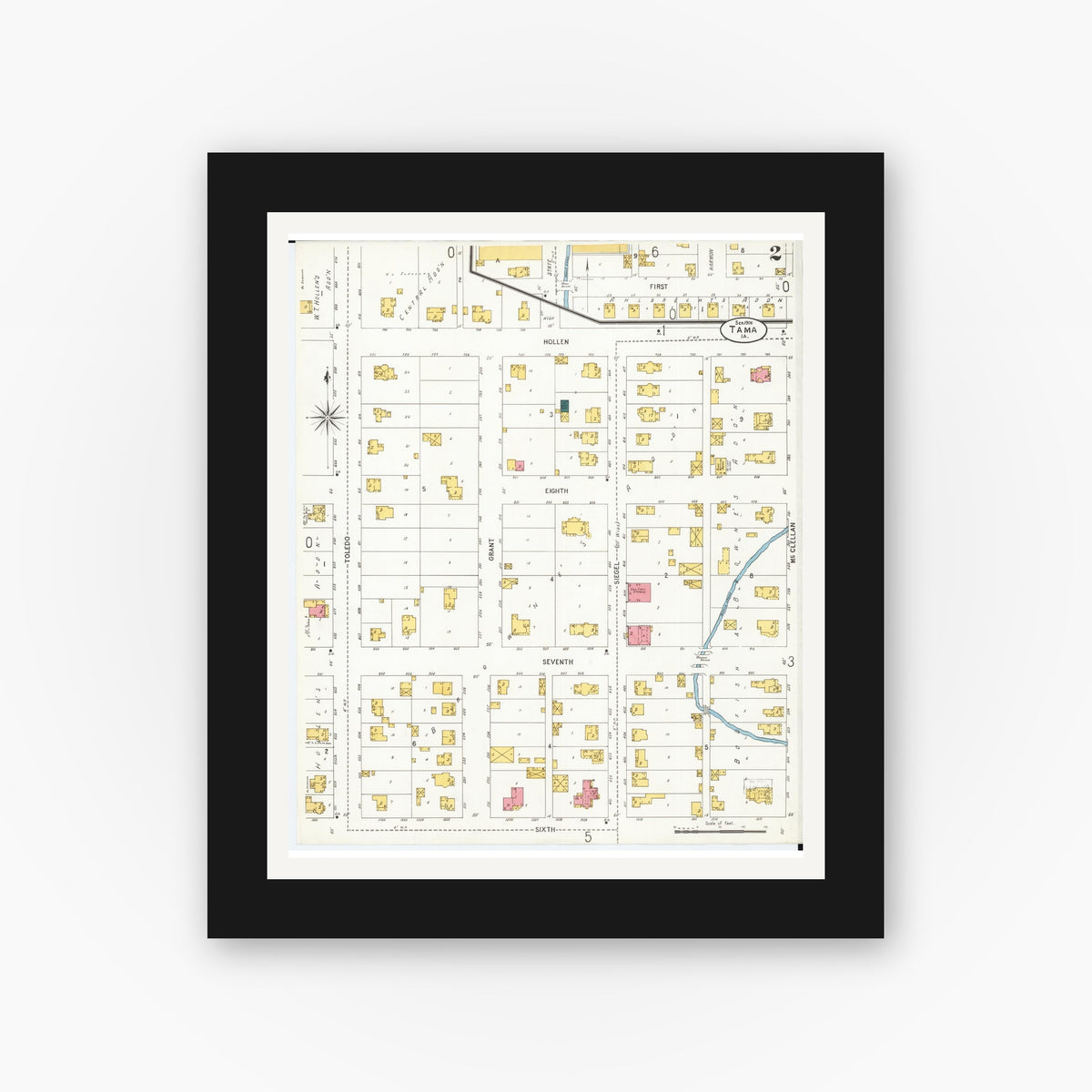 Old map wall art mockup — black gallery frame with white mat — Sanborn Fire Insurance Map from Tama, Tama County, Iowa (1906), Sheet #0002