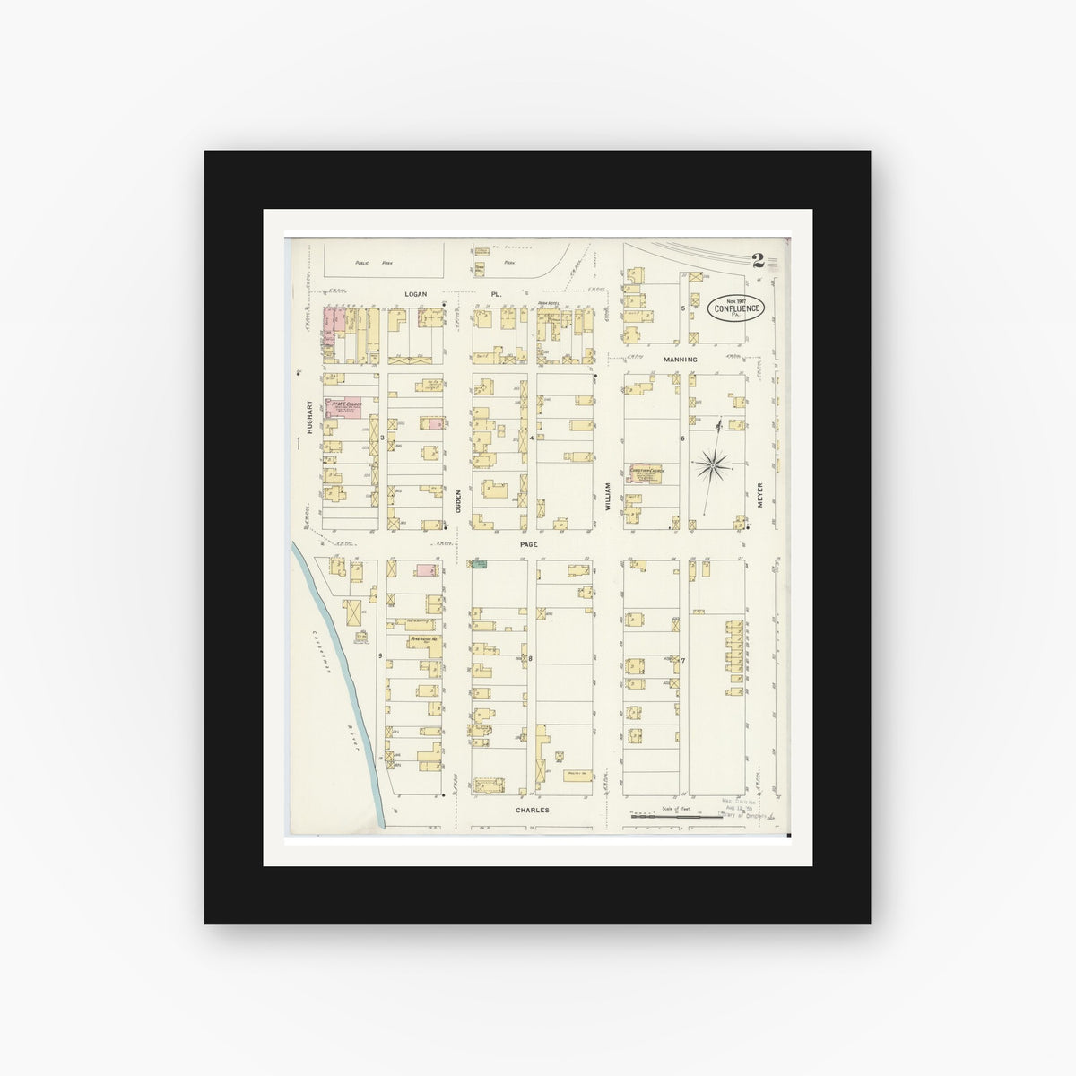 Old map wall art mockup β black gallery frame with white mat β Sanborn Fire Insurance Map from Confluence, Somerset County, Pennsylvania (1907), Sheet #0002